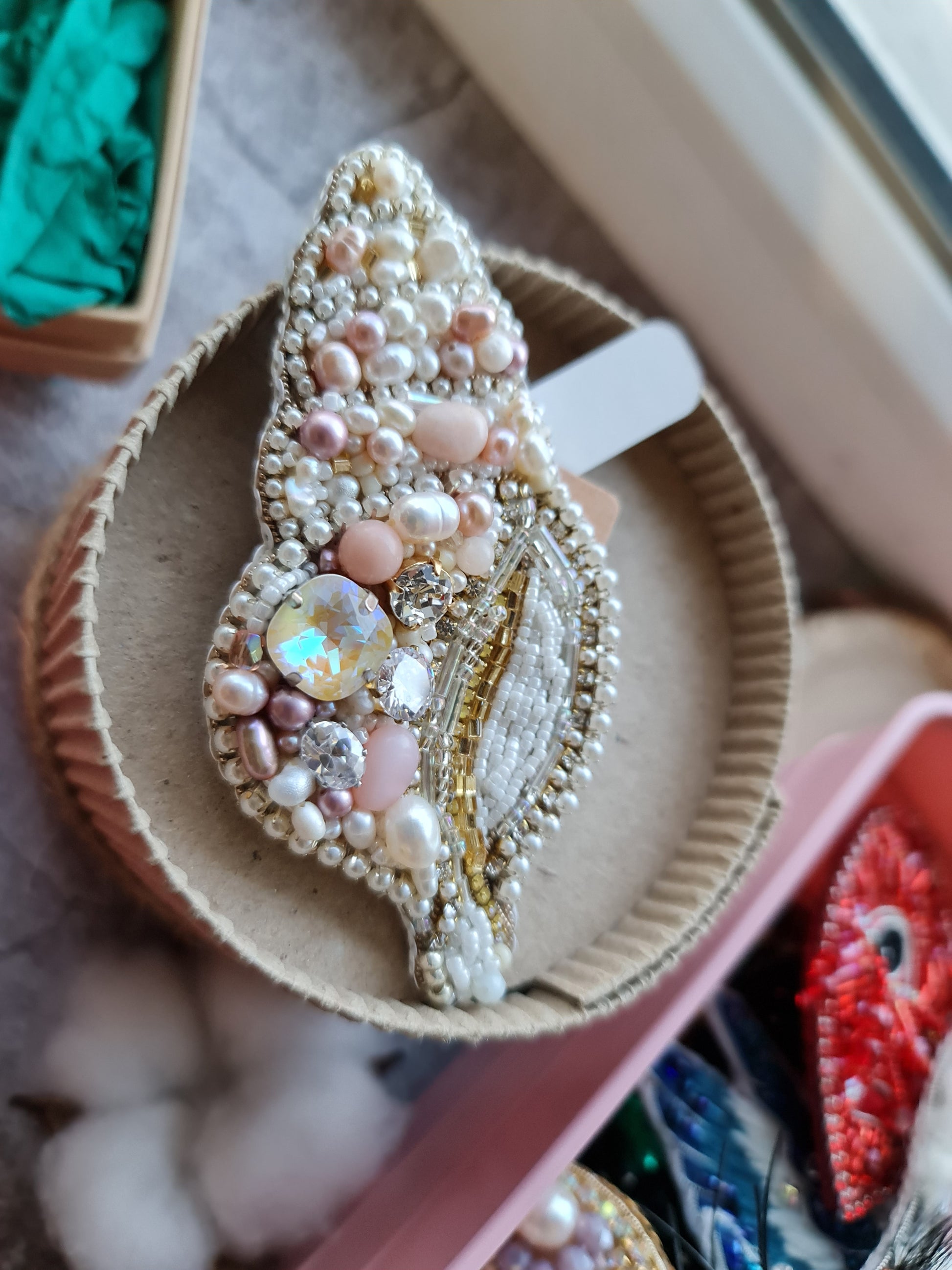 Spiral Pearl Shell Beaded Brooch