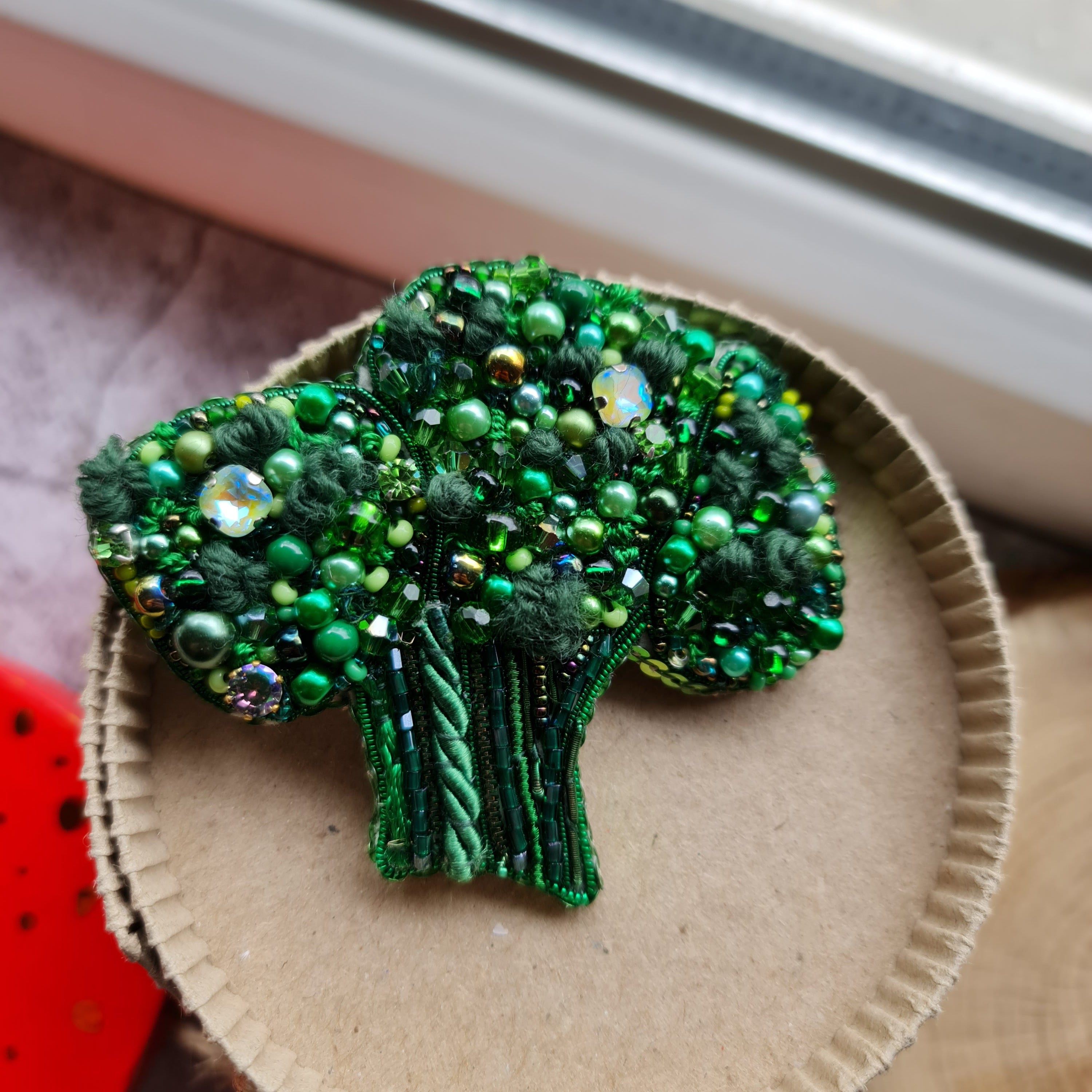 Broccoli beaded brooch hand embroidered with green beads crystals pearls and textured vegetable details