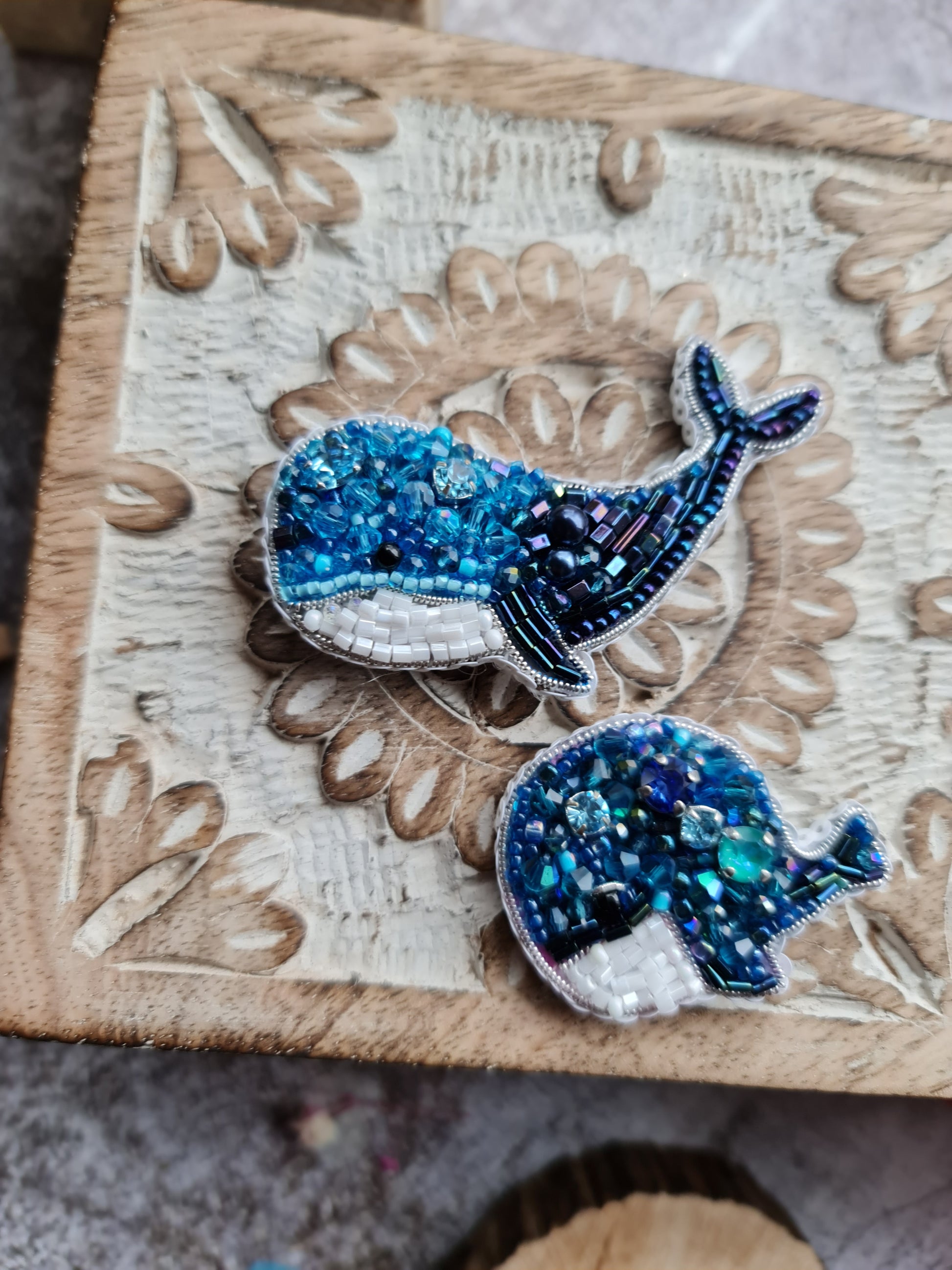 Whale beaded brooches hand embroidered with blue beads crystals and white details in three sizes