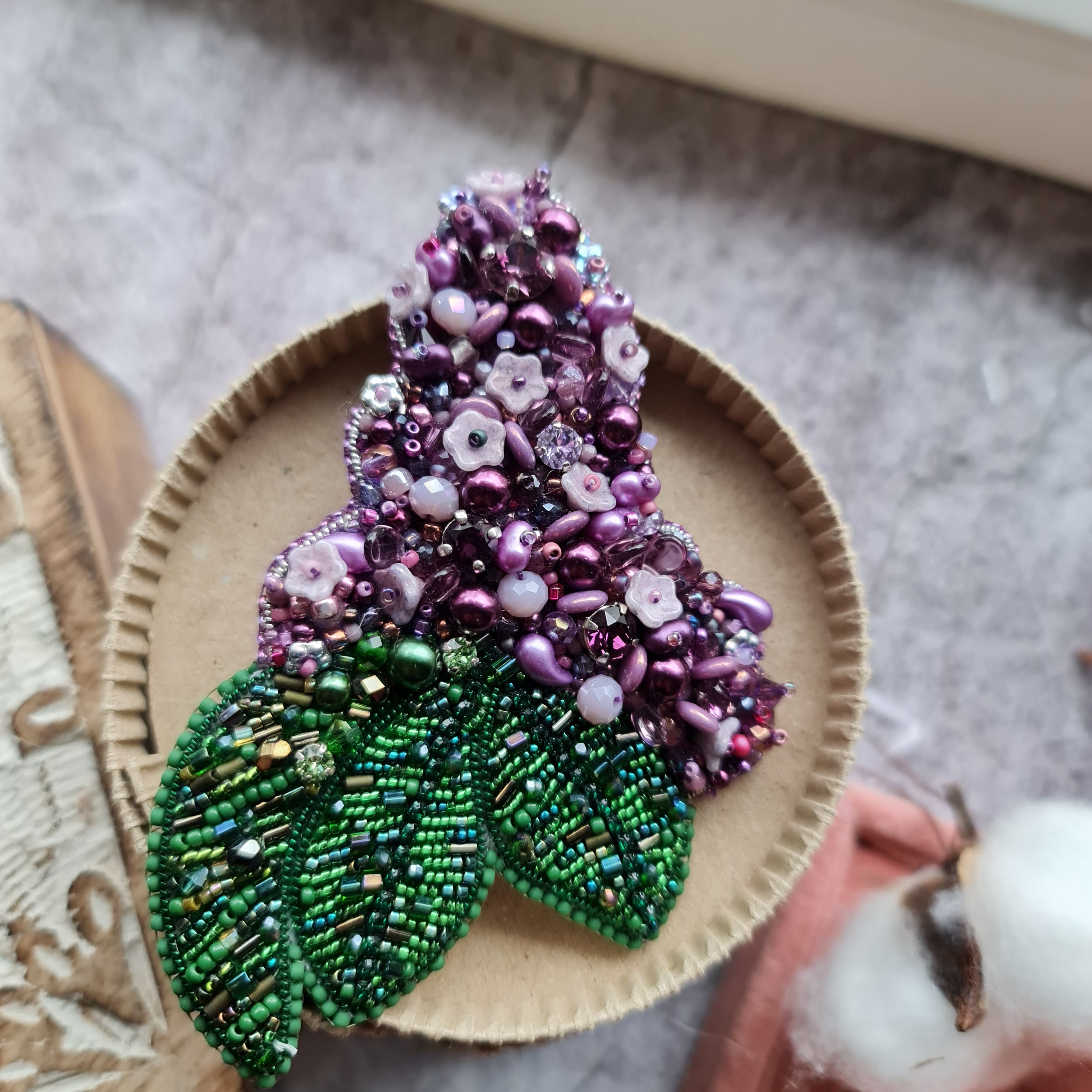 Lilac flower beaded brooch hand embroidered with purple flowers green leaves and crystal details