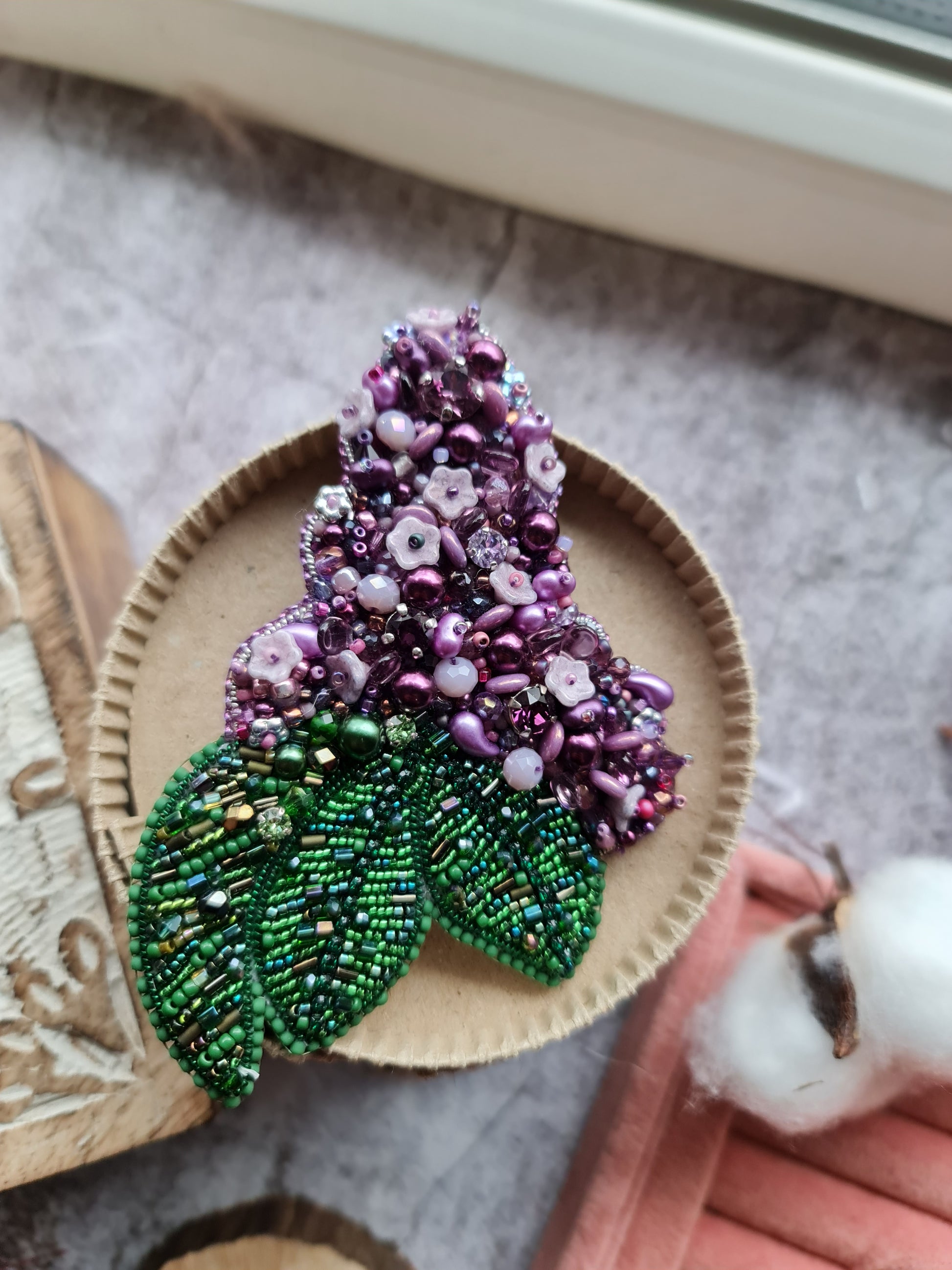 Lilac flower beaded brooch hand embroidered with purple flowers green leaves and crystal details