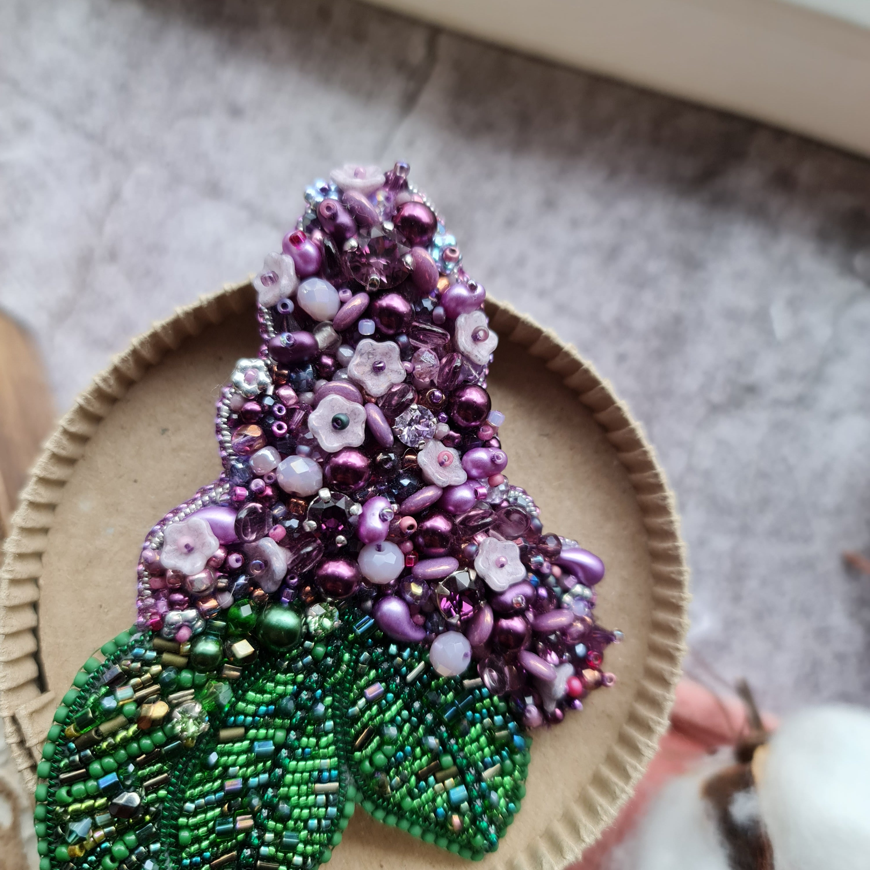 Lilac flower beaded brooch hand embroidered with purple flowers green leaves and crystal details
