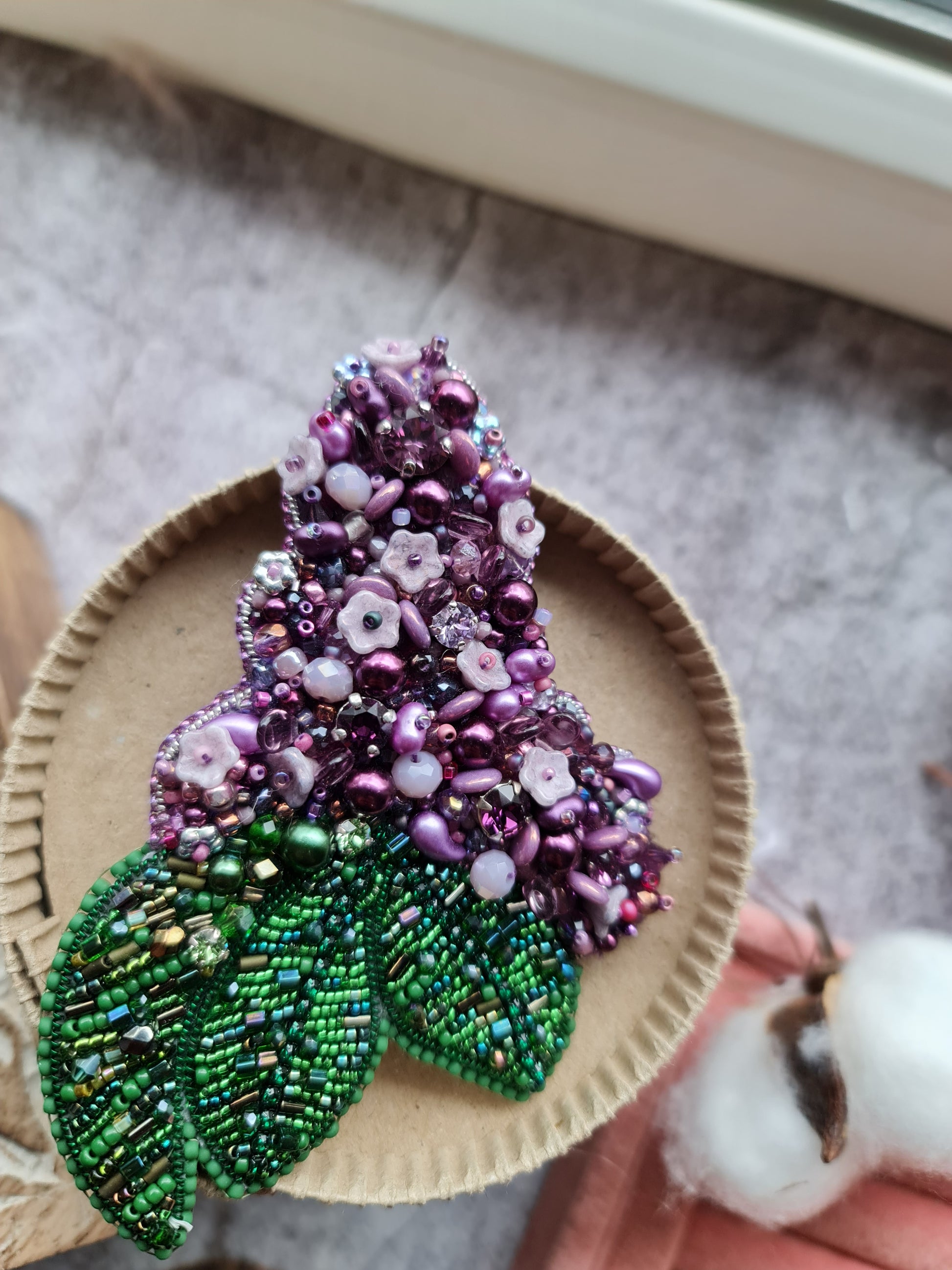 Lilac flower beaded brooch hand embroidered with purple flowers green leaves and crystal details