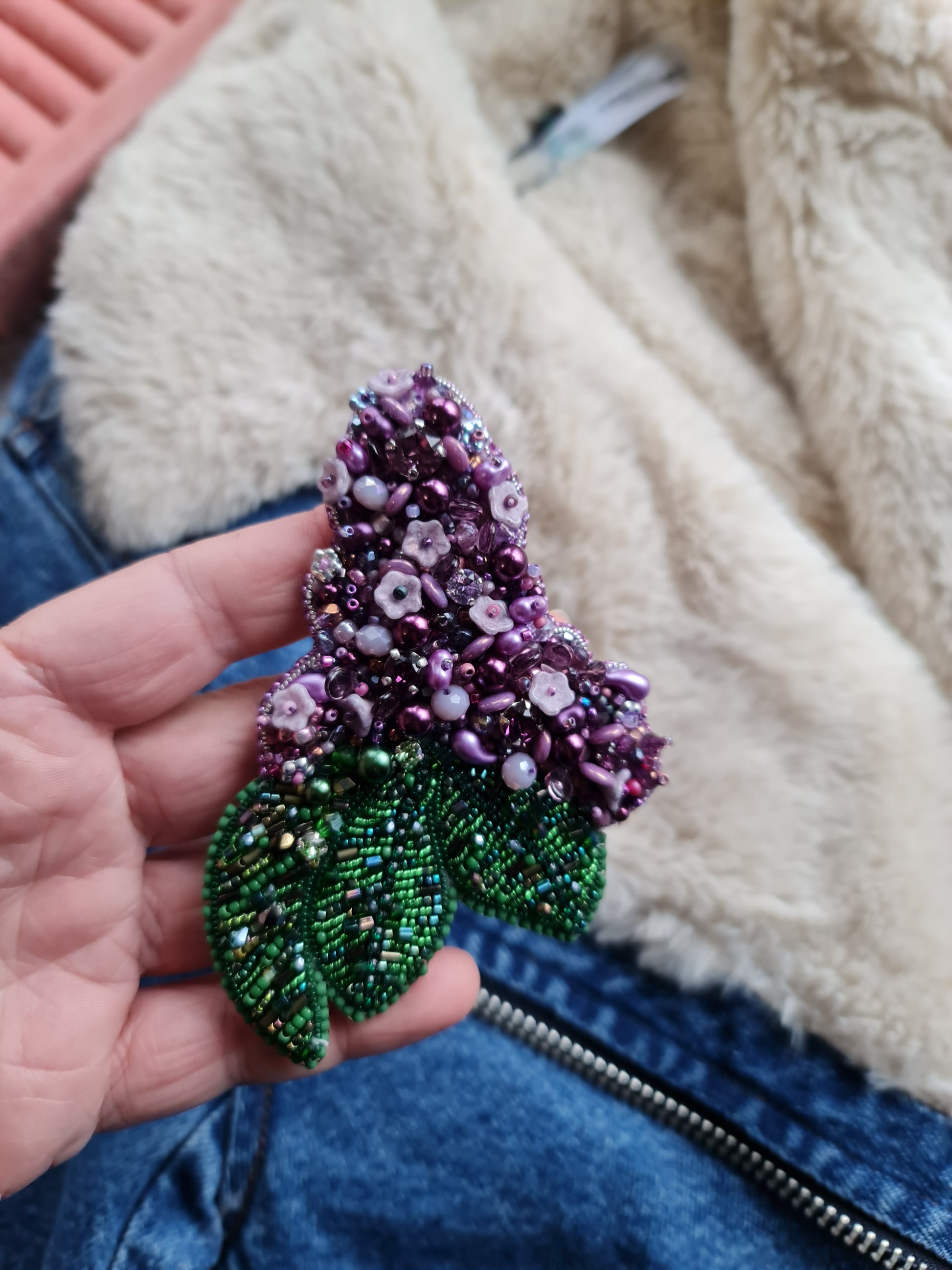 Lilac Flower Beaded Brooch