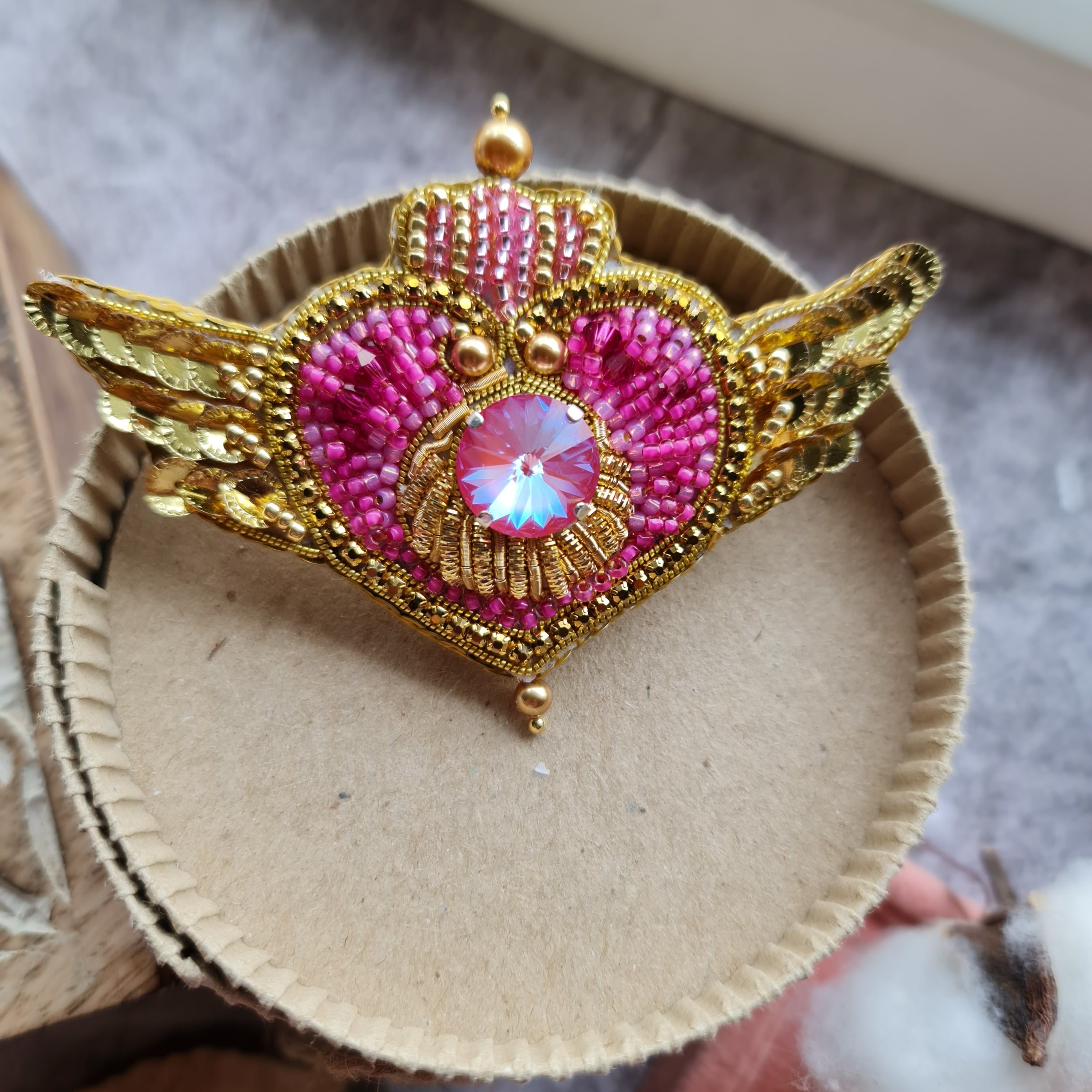 Handmade Cosmic Heart Compact Brooch featuring intricate beading and embroidery, measuring 2.36 inches x 3.74 inches (6 cm x 9.5 cm), with a celestial heart design