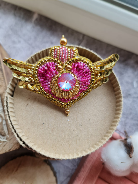 Handmade Cosmic Heart Compact Brooch featuring intricate beading and embroidery, measuring 2.36 inches x 3.74 inches (6 cm x 9.5 cm), with a celestial heart design