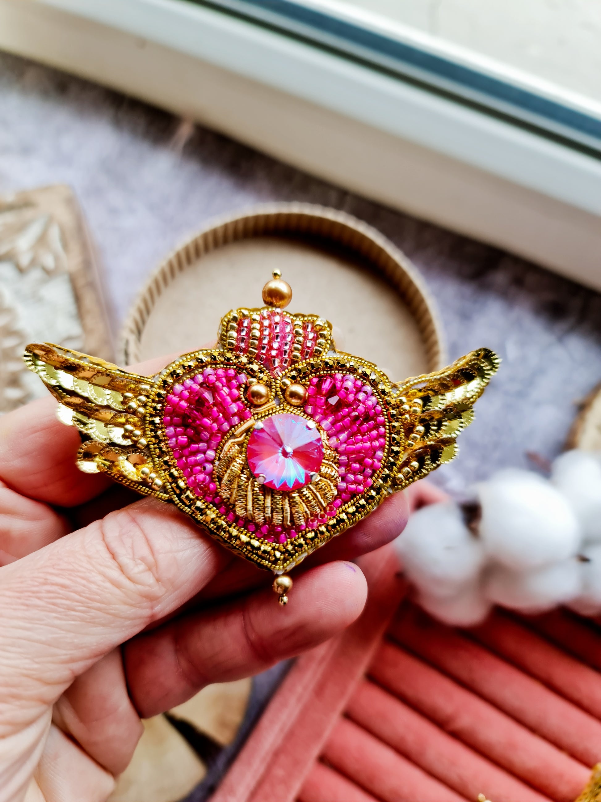 Handmade Cosmic Heart Compact Brooch featuring intricate beading and embroidery, measuring 2.36 inches x 3.74 inches (6 cm x 9.5 cm), with a celestial heart design