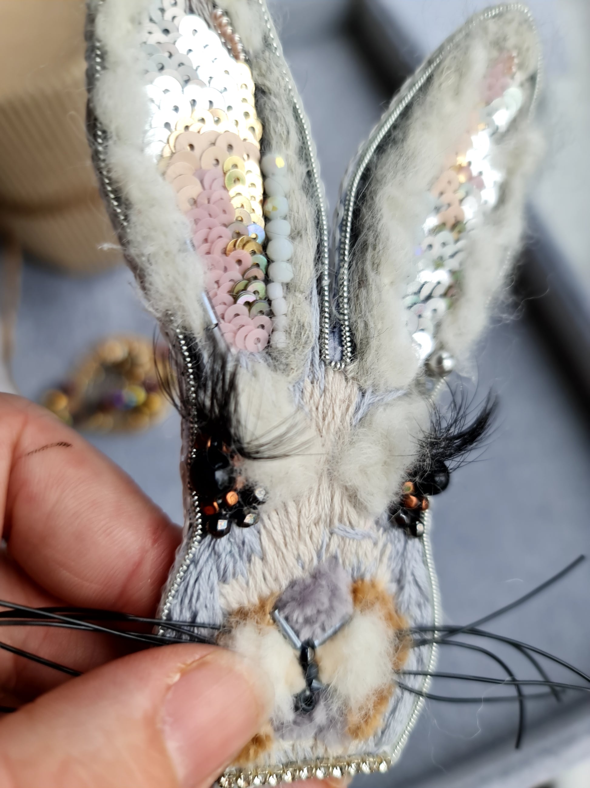 Gray Bunny Face Beaded Brooch
