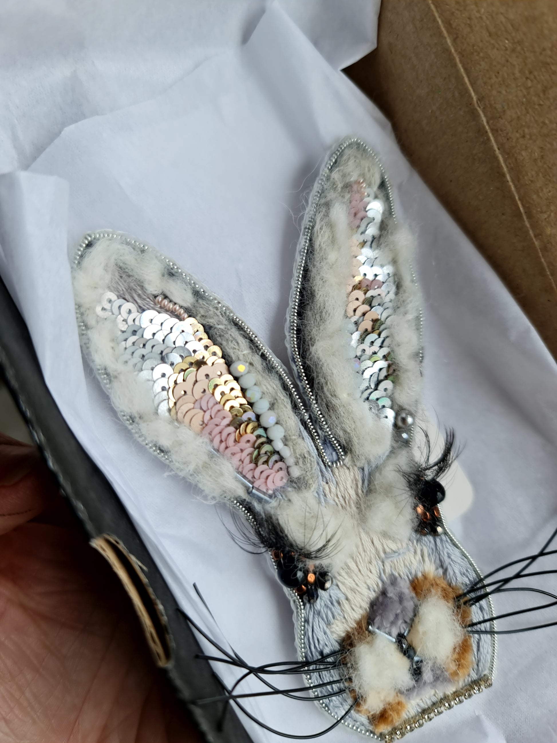 Gray Bunny Face Beaded Brooch