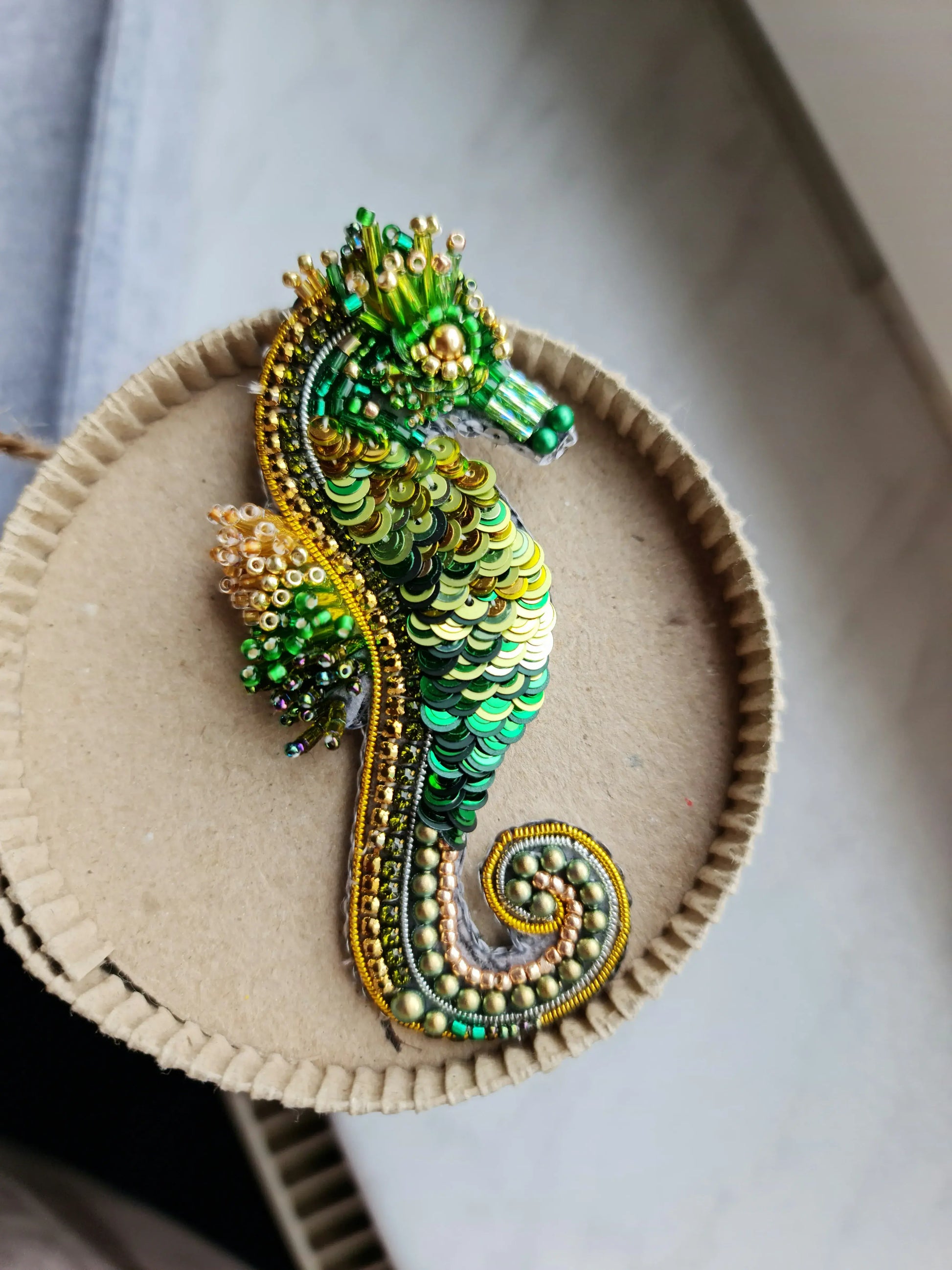 Green Seahorse Beaded Brooch