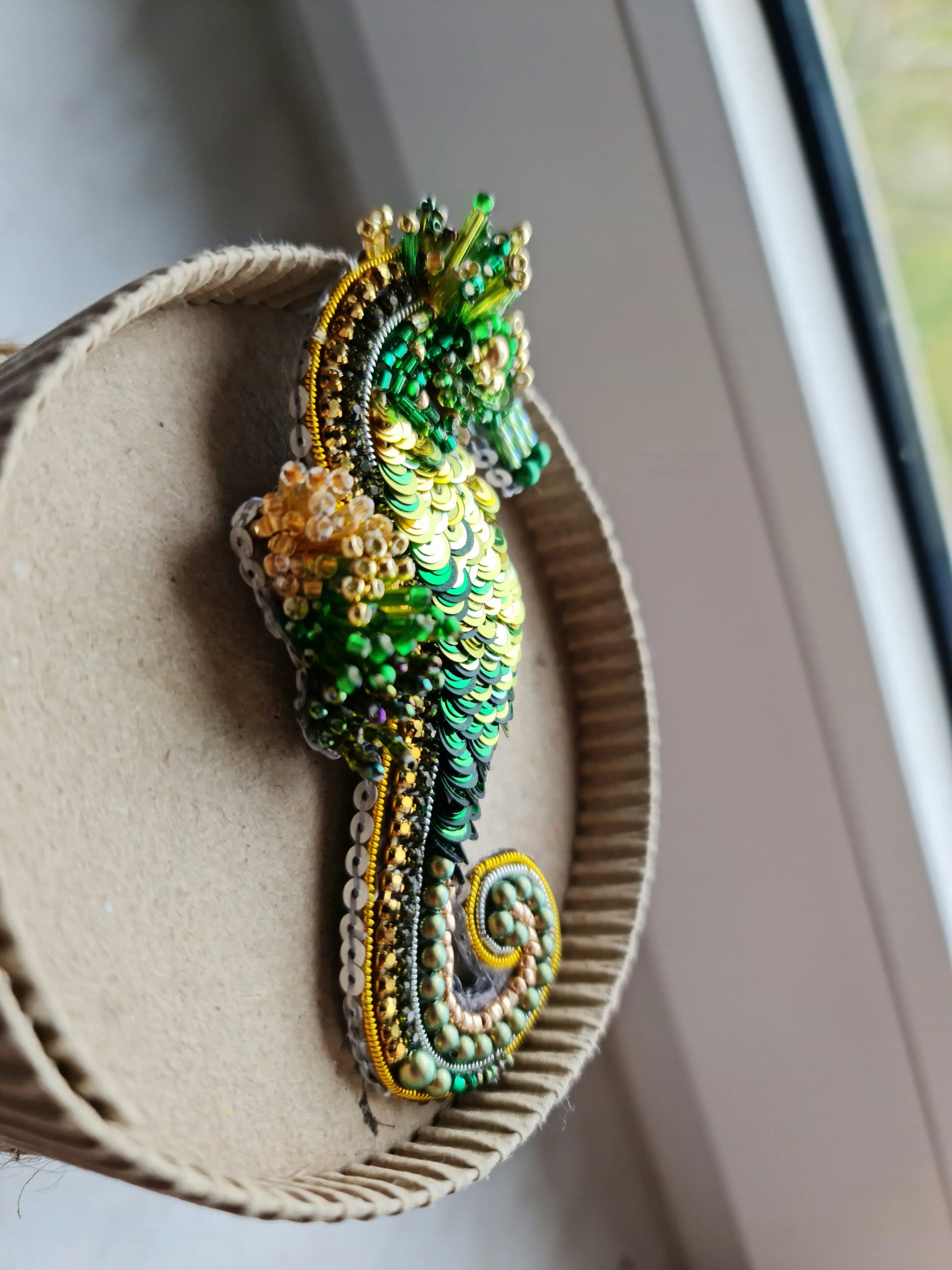 Green Seahorse Beaded Brooch