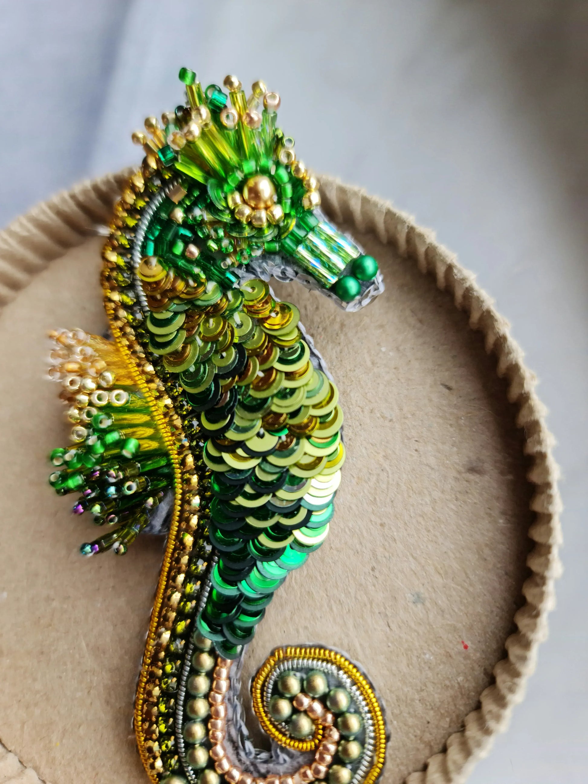 Green Seahorse Beaded Brooch
