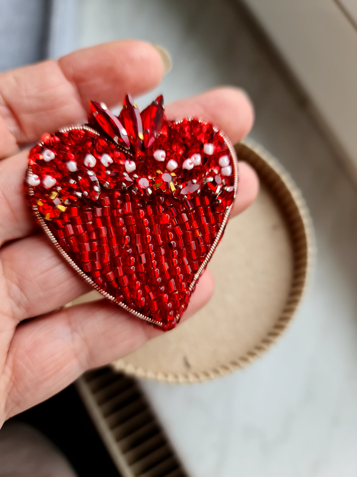 Red Heart Beaded Brooch | Handmade Embroidered Heart Pin