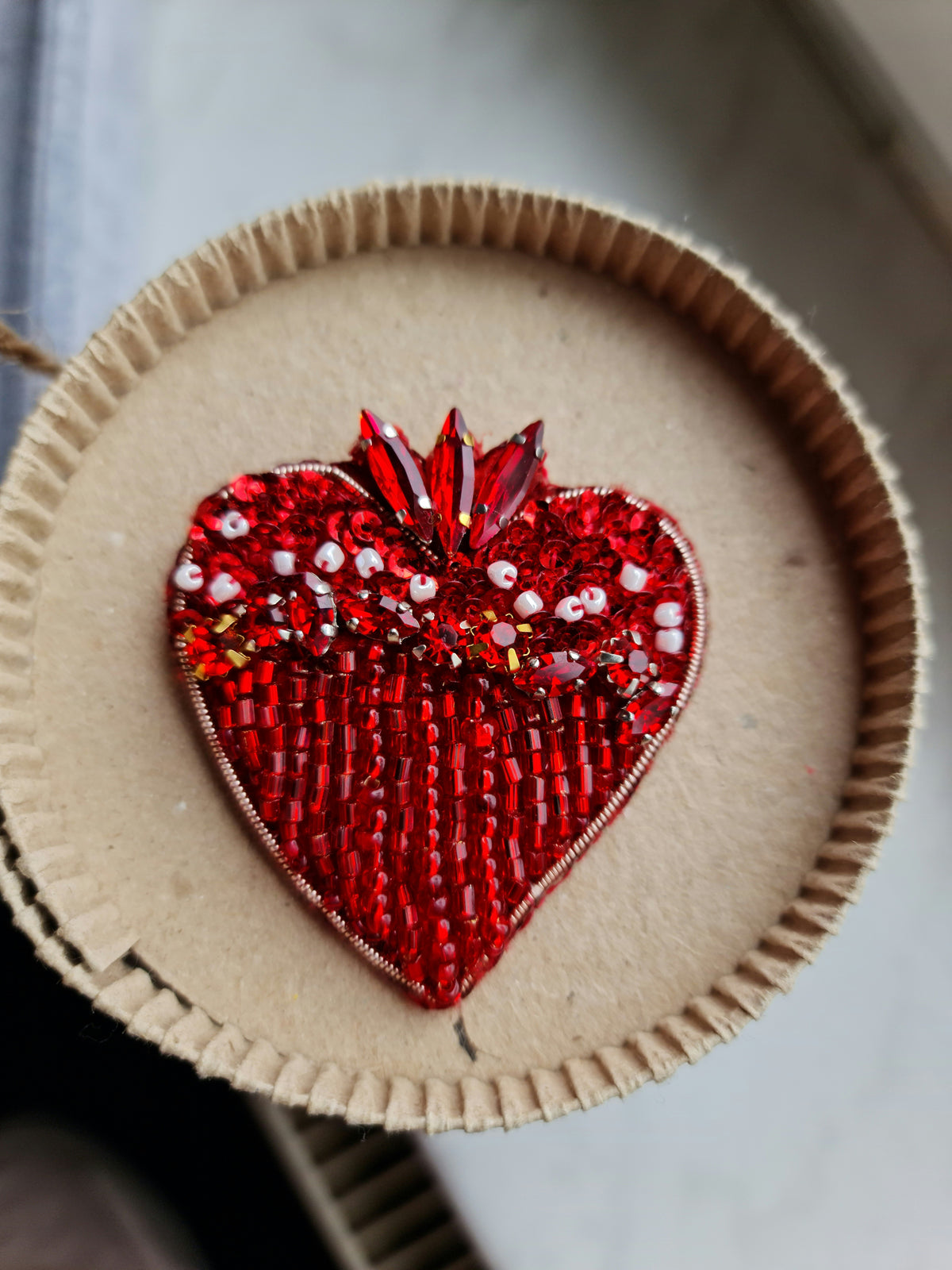 Red Heart Beaded Brooch | Handmade Embroidered Heart Pin