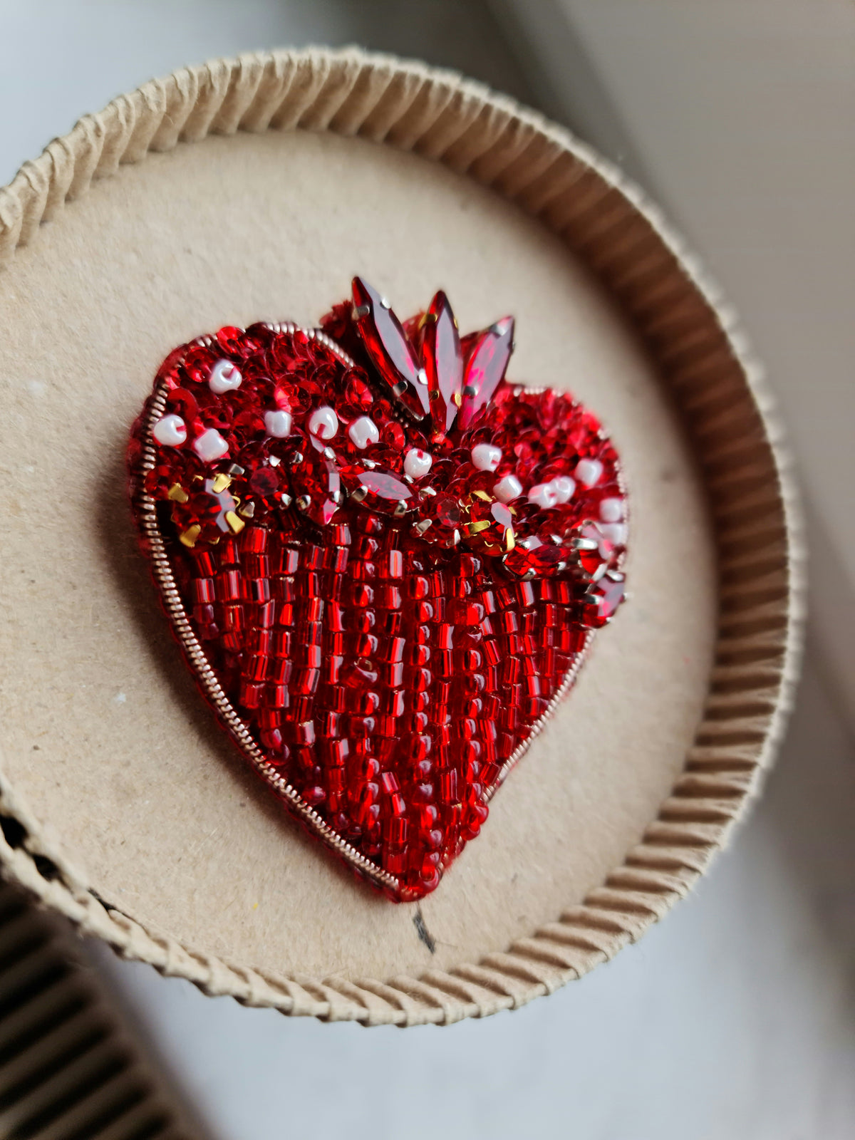 Red Heart Beaded Brooch | Handmade Embroidered Heart Pin