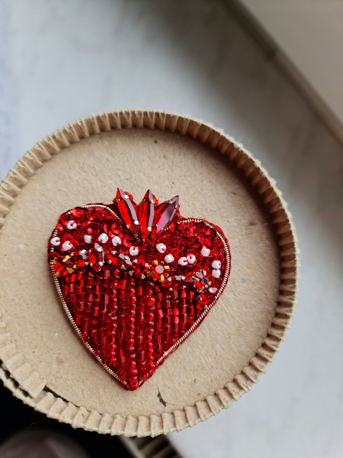 Red Heart Beaded Brooch | Handmade Embroidered Heart Pin
