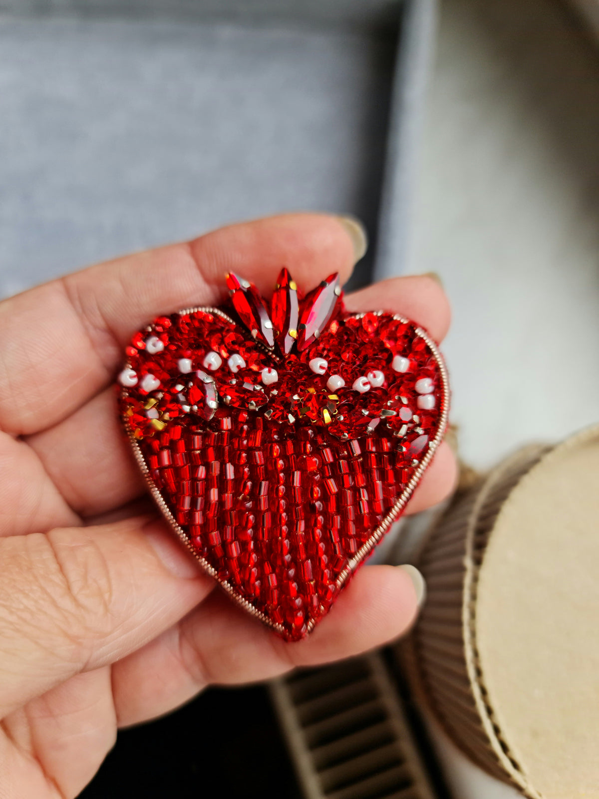 Red Heart Beaded Brooch | Handmade Embroidered Heart Pin