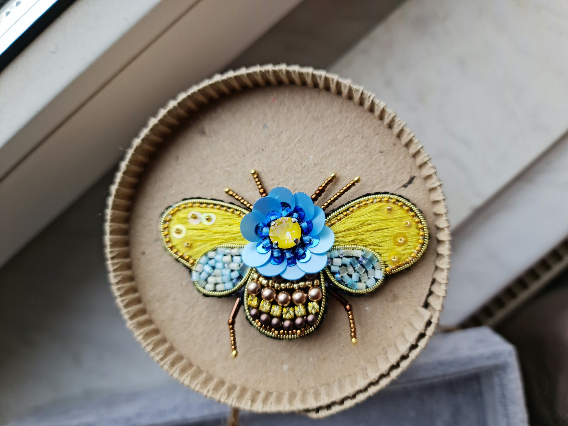 Bee beaded brooch pin, embroidered insect brooch