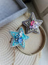 Purple star beaded brooch hand embroidered with crystals pearls and silver details