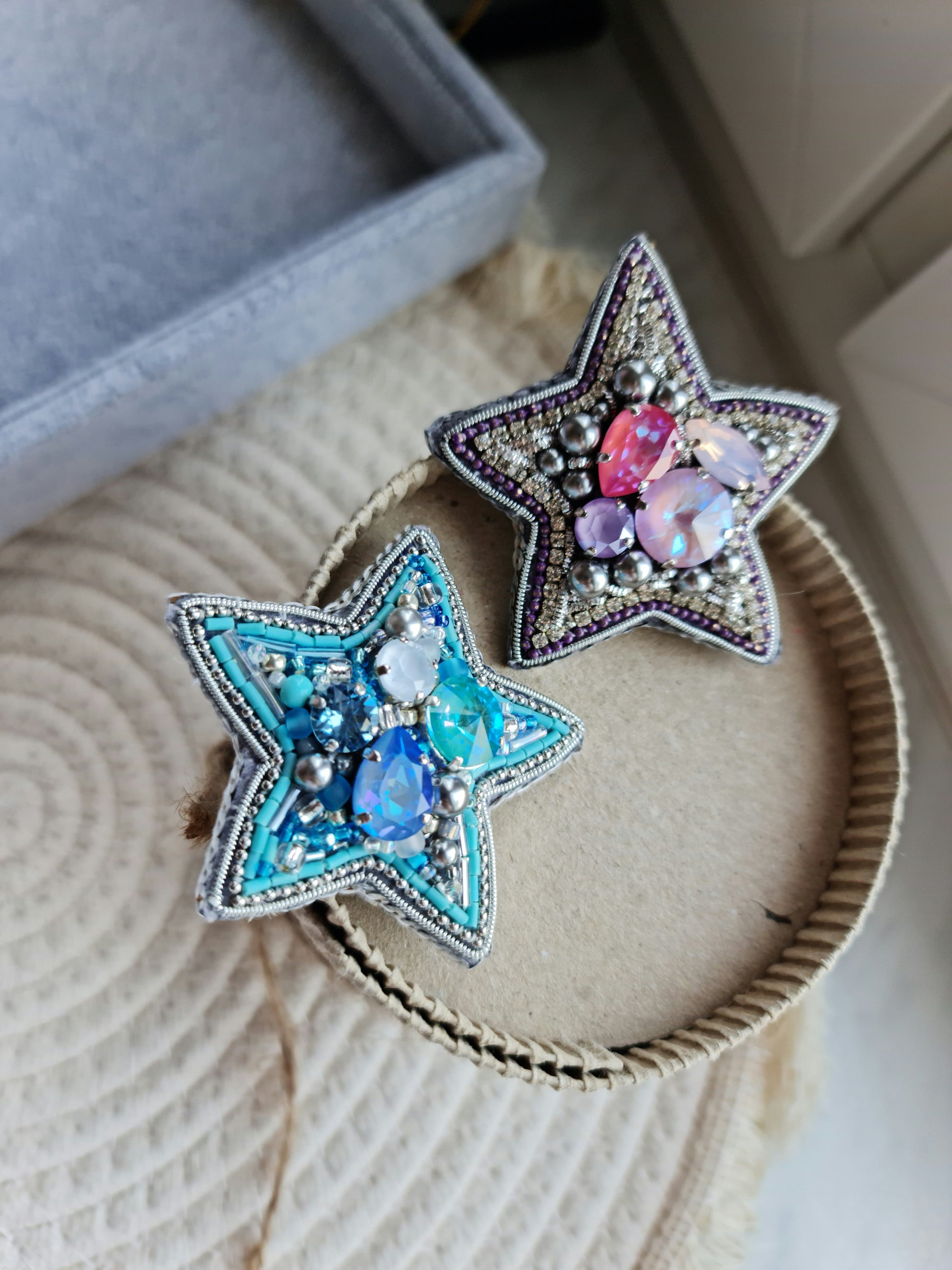 Purple star beaded brooch hand embroidered with crystals pearls and silver details