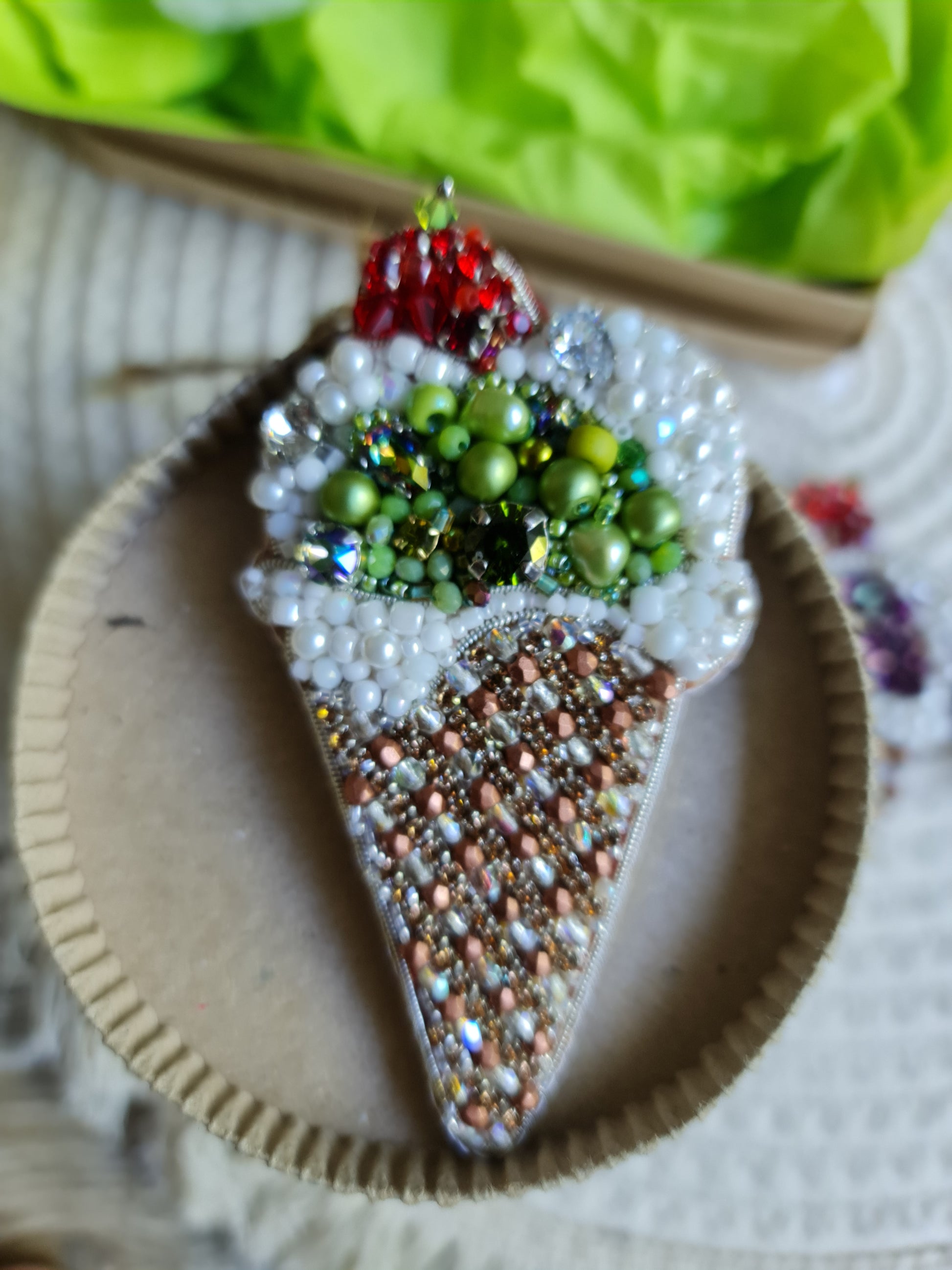 Ice Cream Cone Beaded Brooch