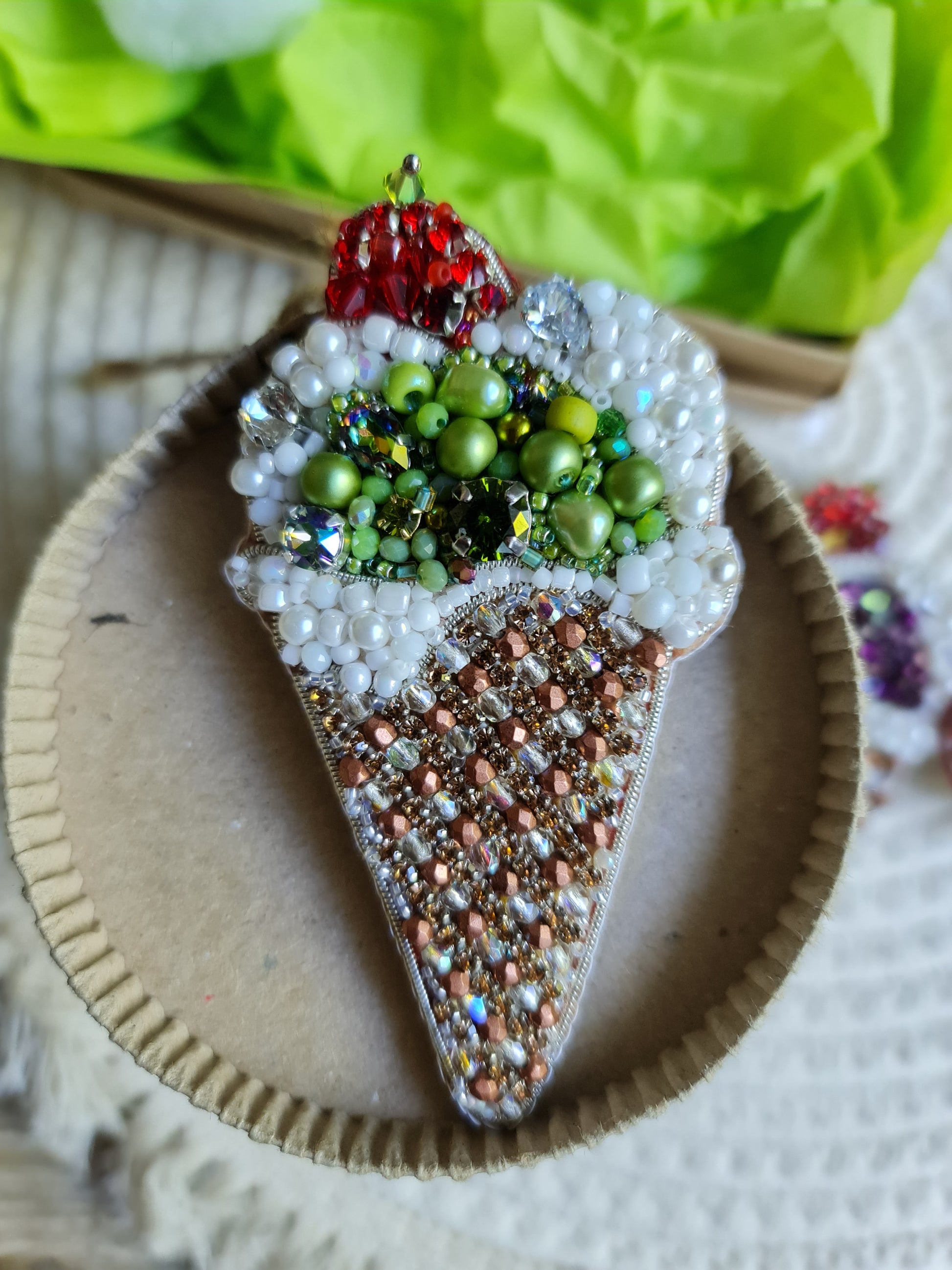 Ice Cream Cone Beaded Brooch