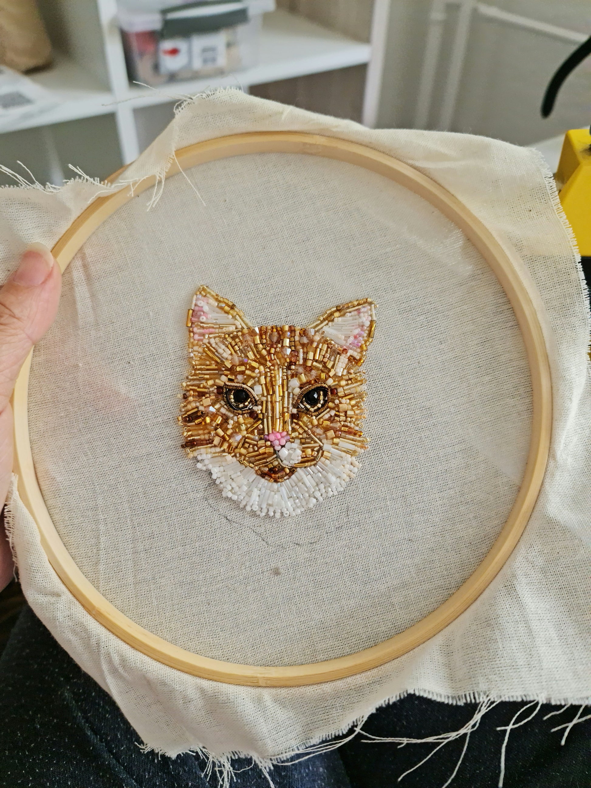Custom cat portrait beaded brooch or wall art hand embroidered from pet photo with beads crystals and thread details
