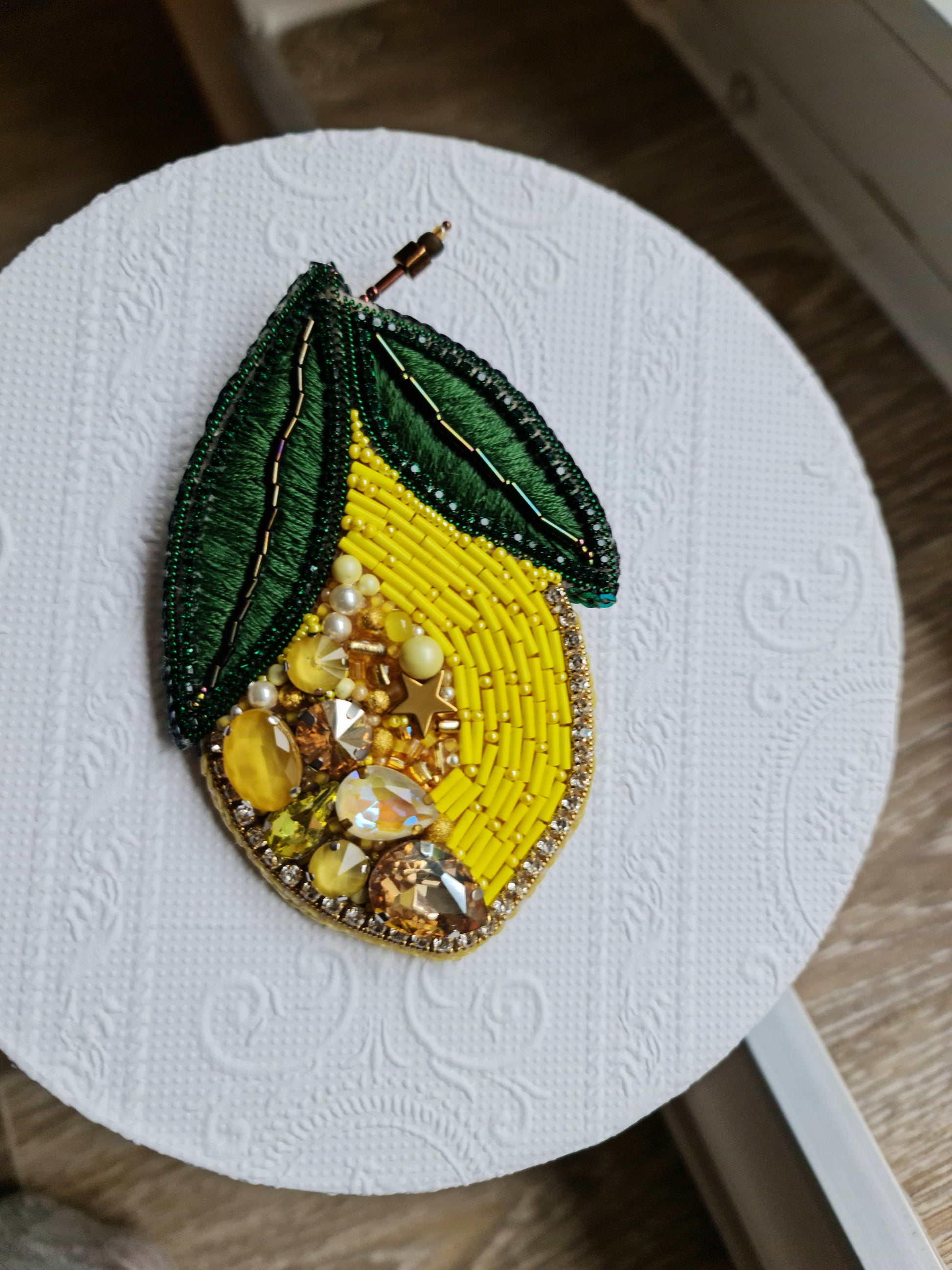 Large Lemon Beaded Brooch