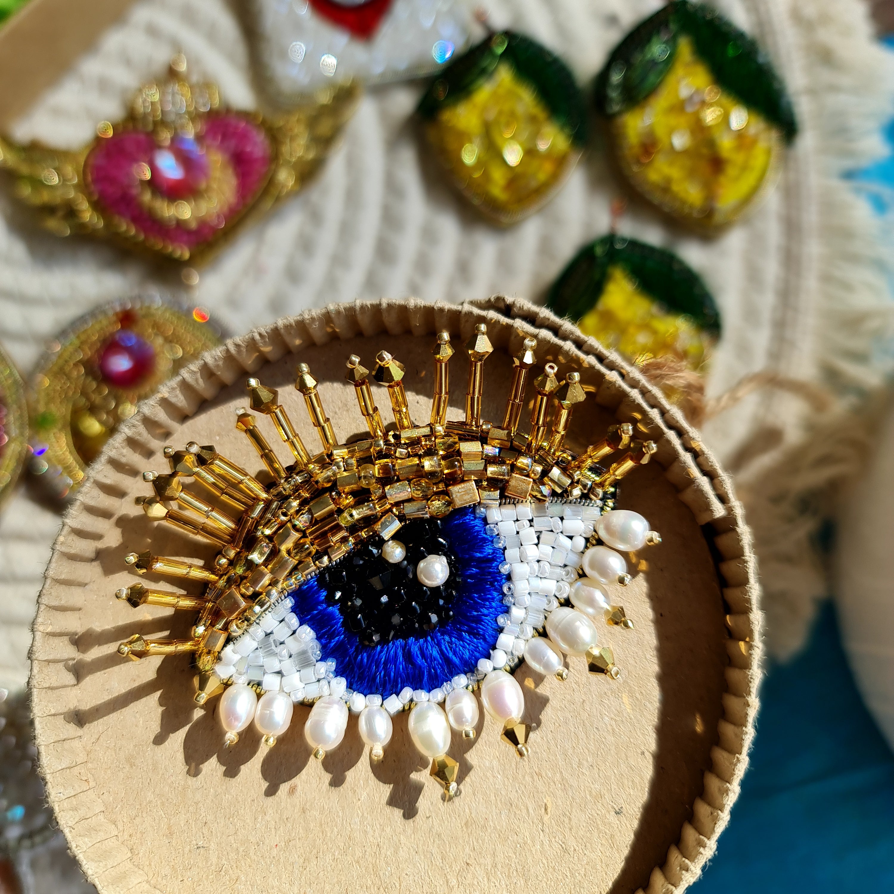 Handcrafted Enchanting Gaze Eye Brooch featuring a captivating eye design, measuring 2.34 inches by 2.14 inches (6 cm by 5.5 cm), perfect as an elegant jewelry gift for her.