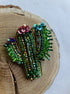 Green cactus beaded brooch hand embroidered with colorful flowers crystals and gold details