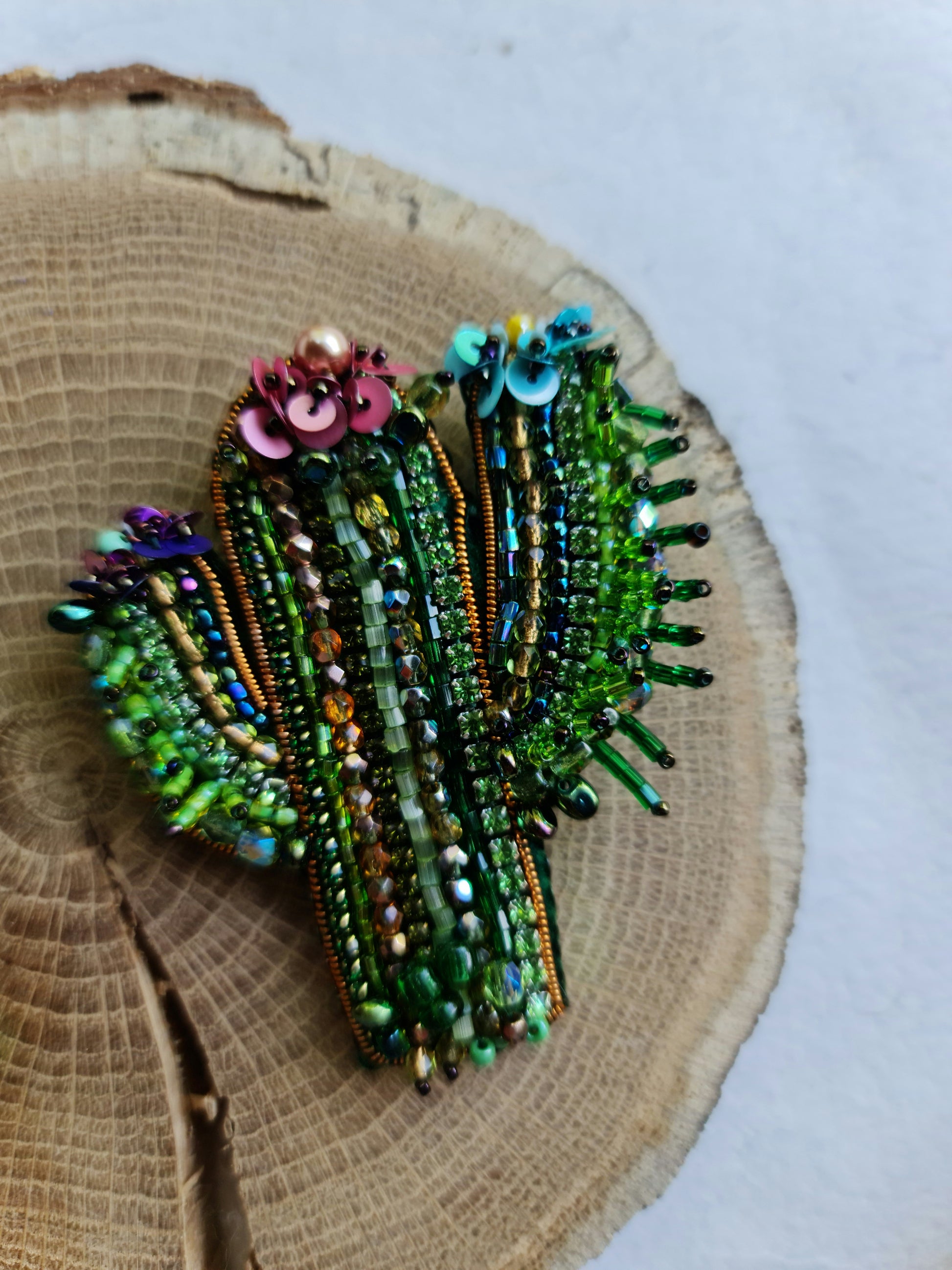 Green cactus beaded brooch hand embroidered with colorful flowers crystals and gold details