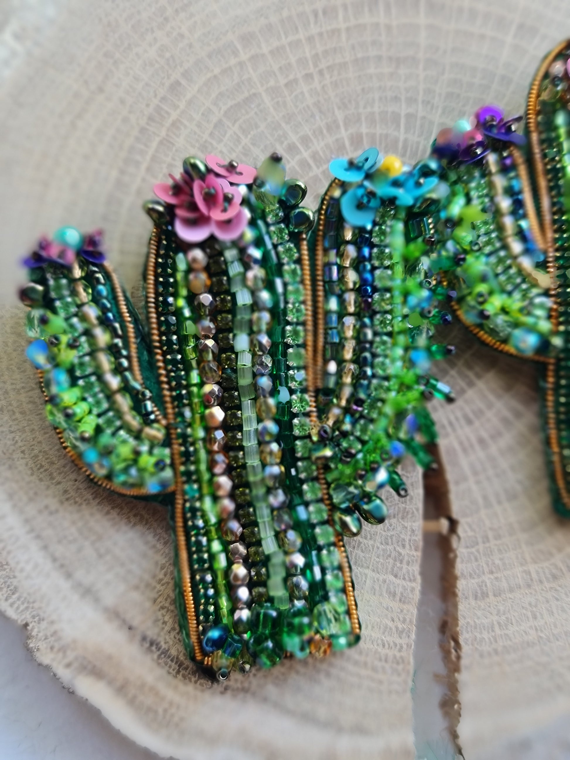 Green cactus beaded brooch hand embroidered with colorful flowers crystals and gold details