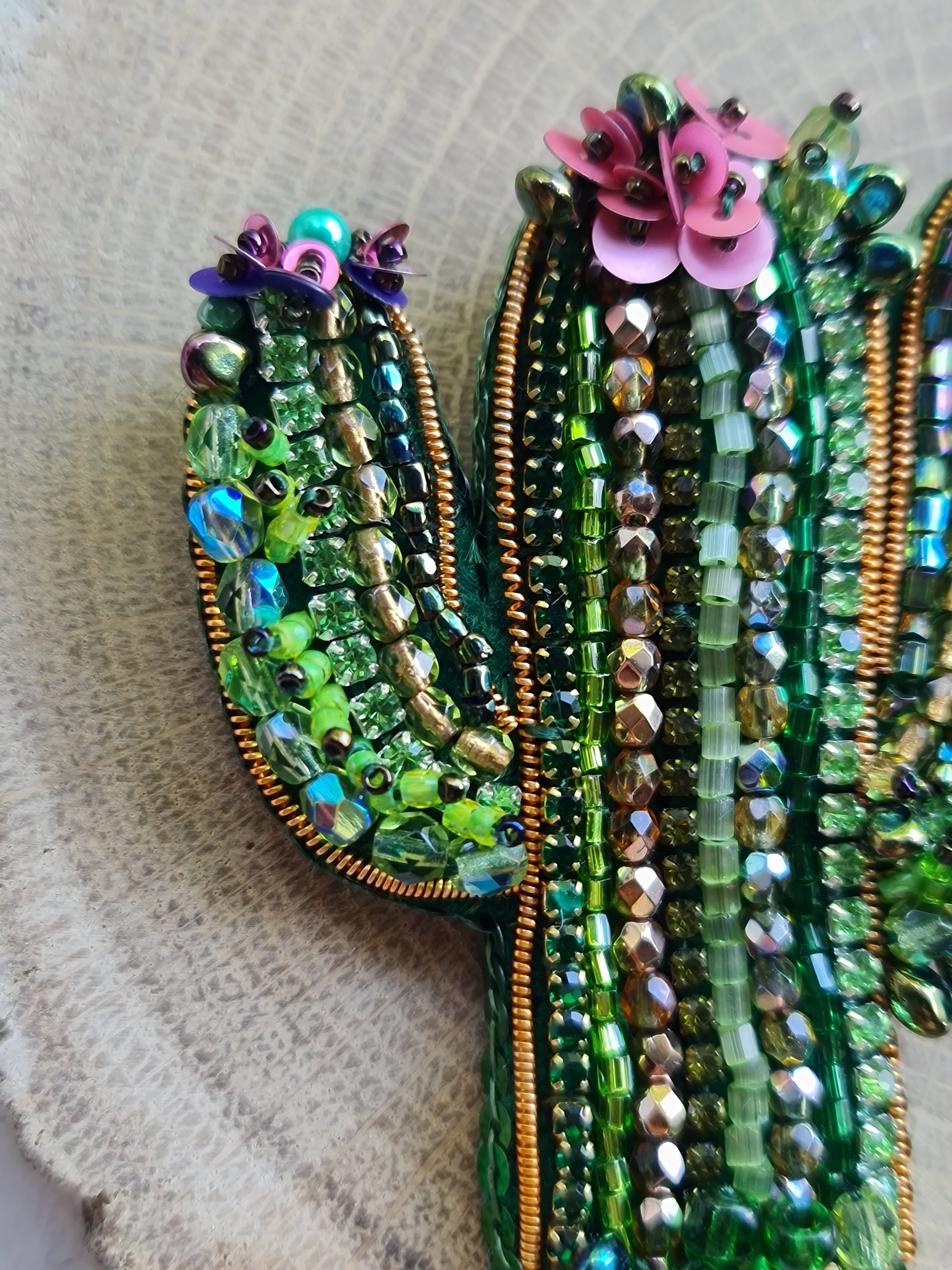 Green Cactus Beaded Brooch
