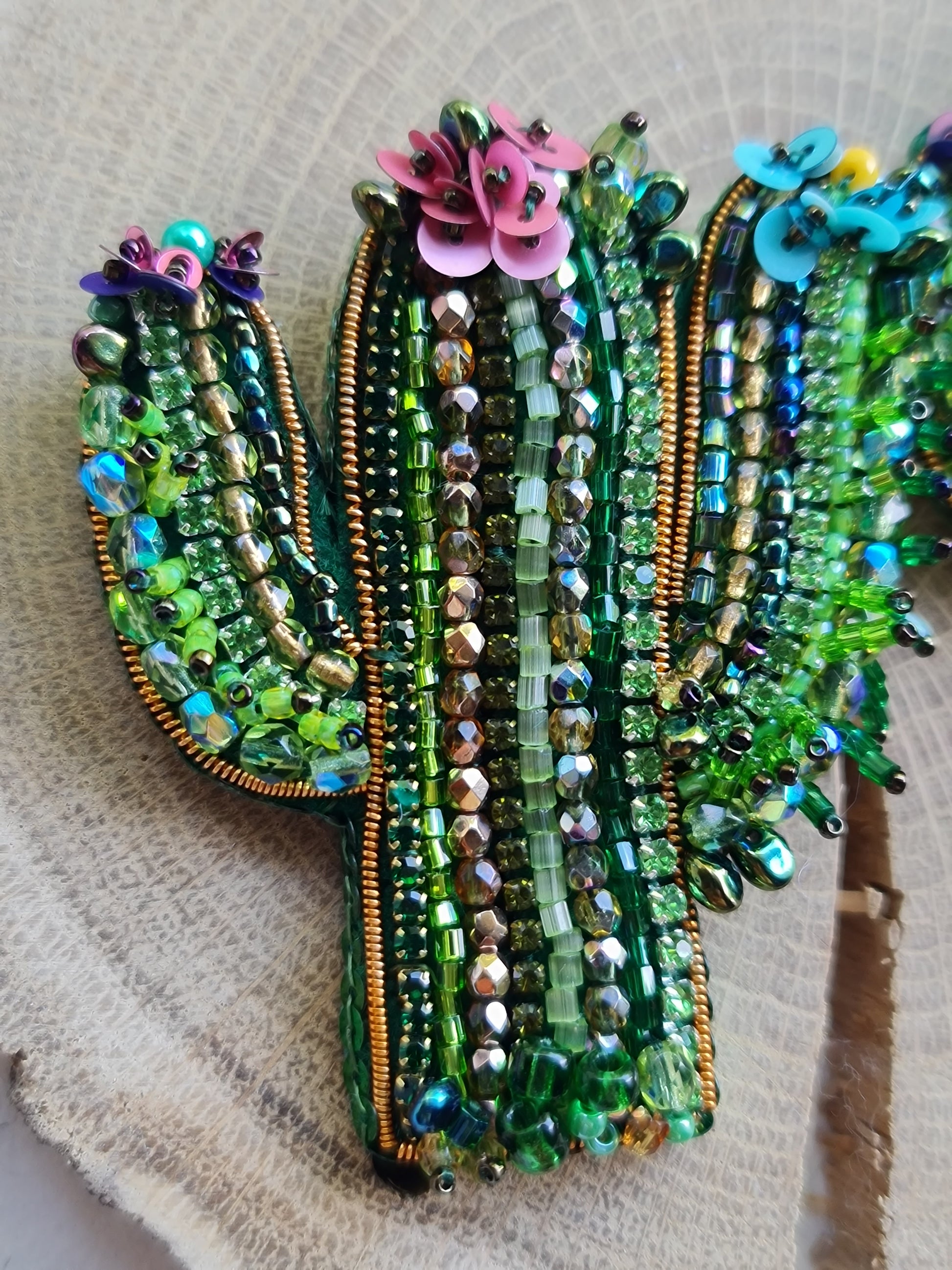 Green Cactus Beaded Brooch
