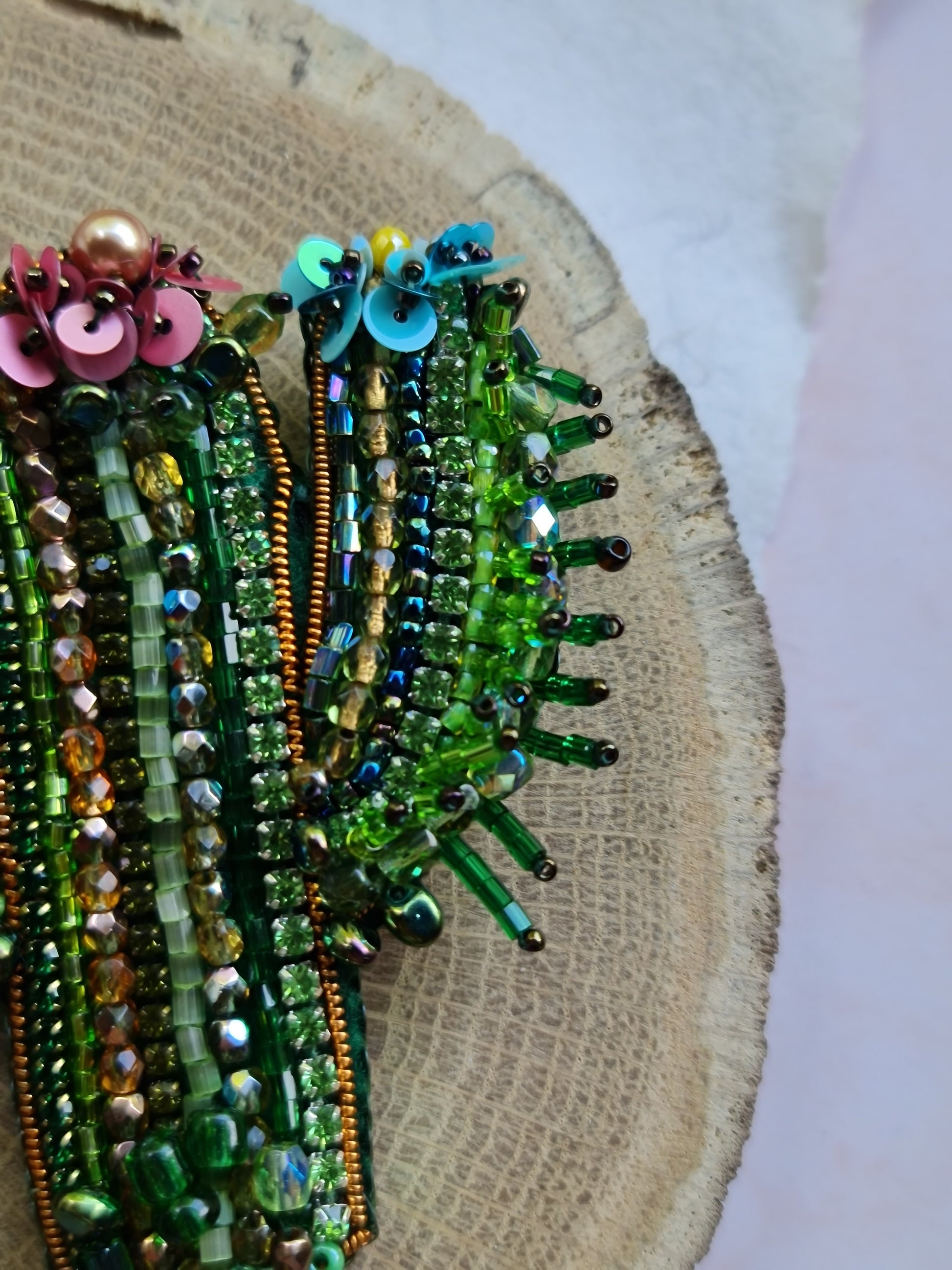 Green Cactus Beaded Brooch