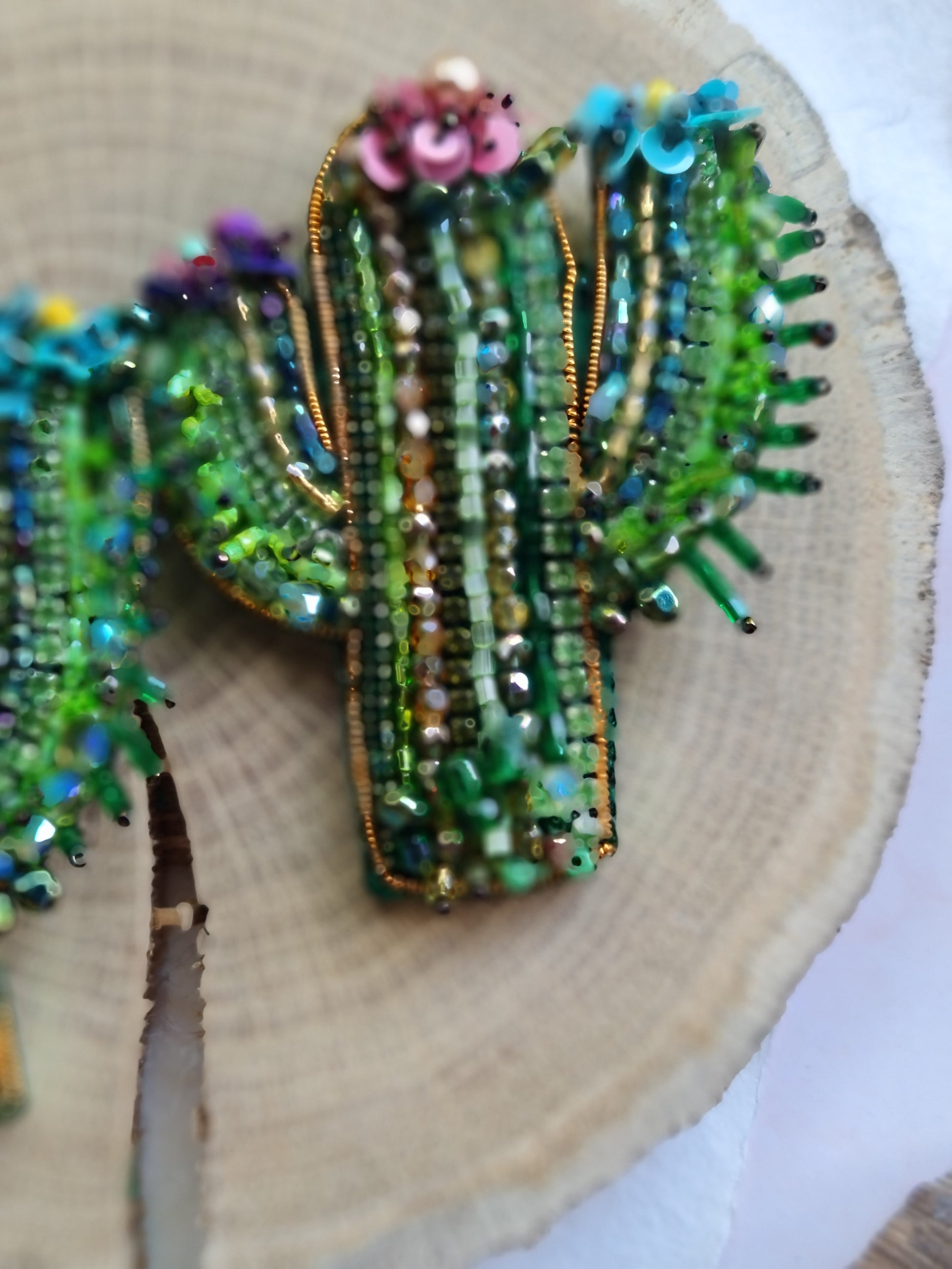 Green cactus beaded brooch hand embroidered with colorful flowers crystals and gold details