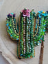 Green cactus beaded brooch hand embroidered with colorful flowers crystals and gold details