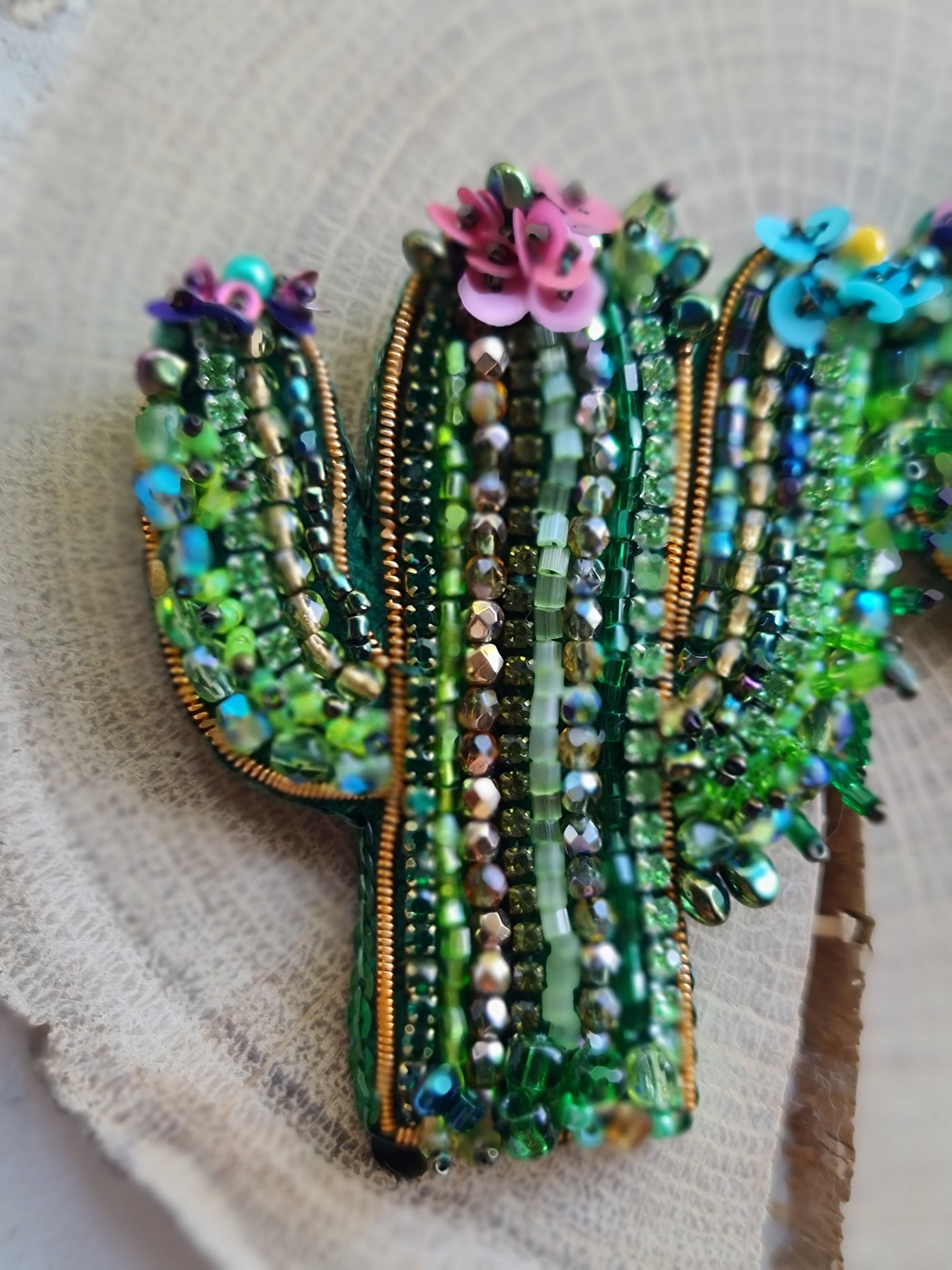 Green cactus beaded brooch hand embroidered with colorful flowers crystals and gold details