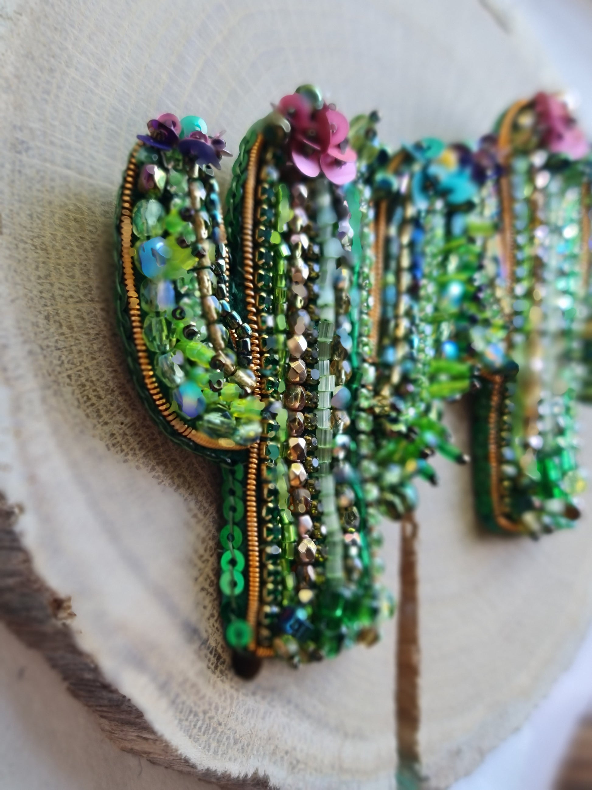 Green Cactus Beaded Brooch