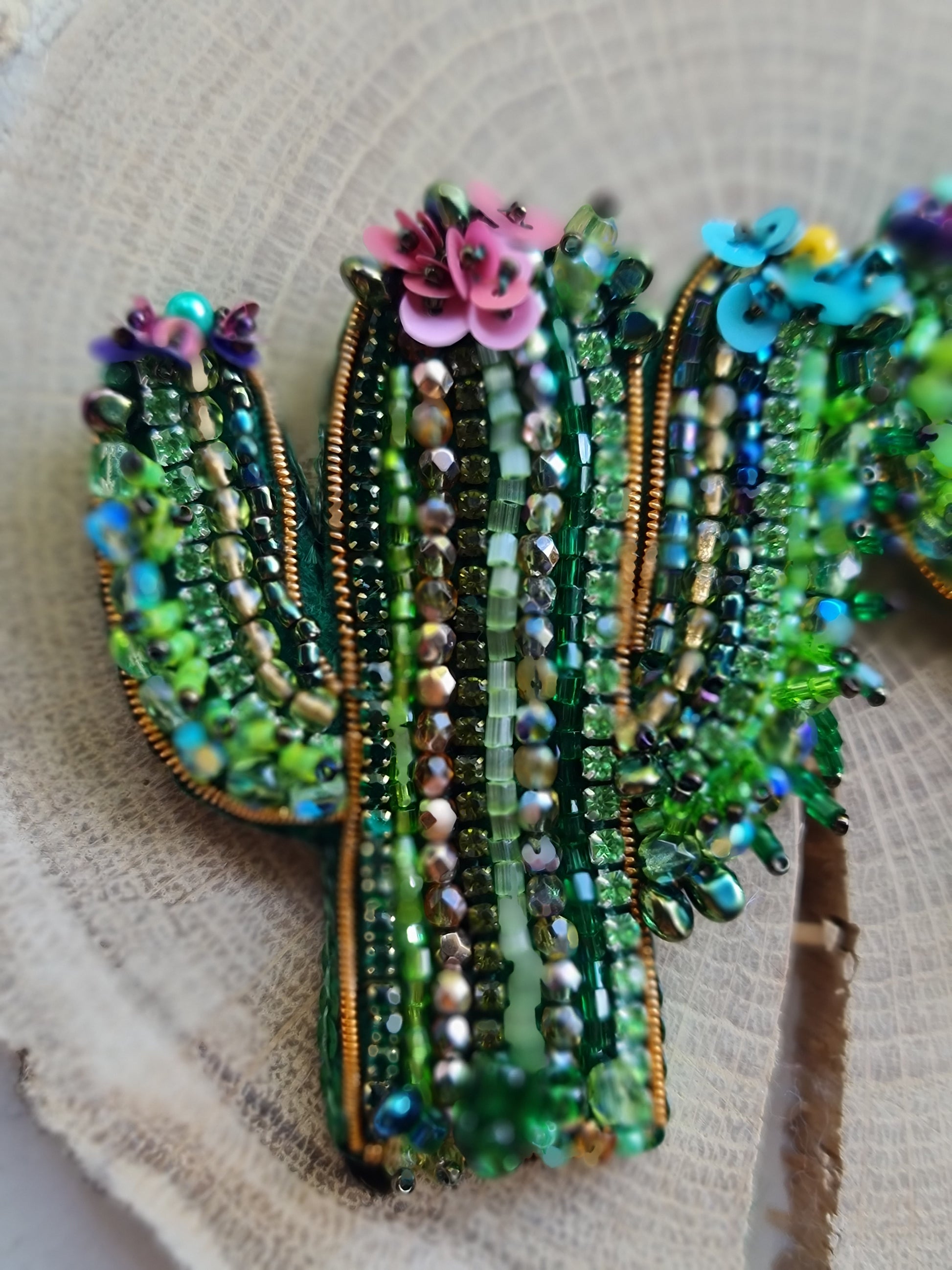 Green Cactus Beaded Brooch