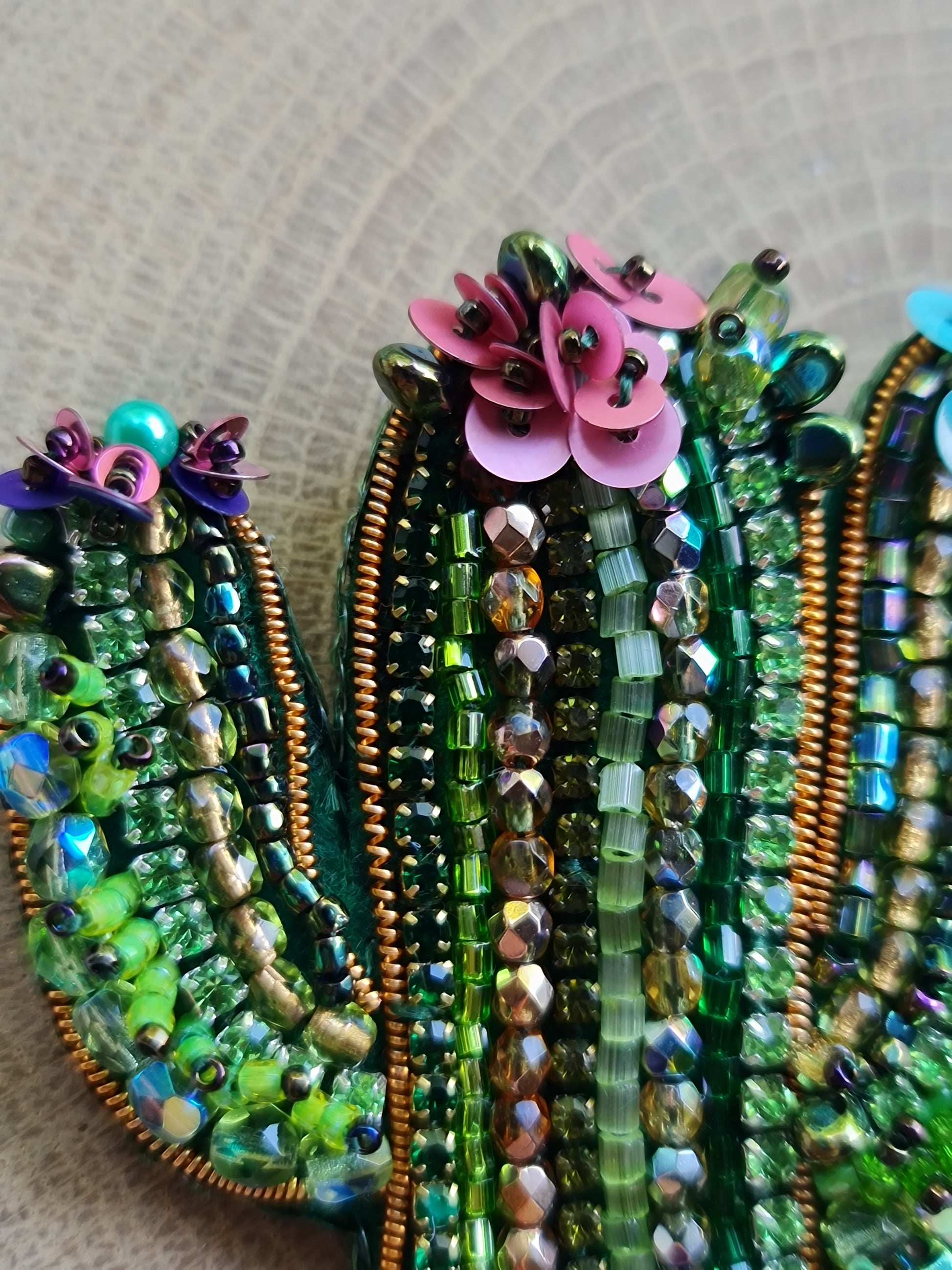 Green Cactus Beaded Brooch