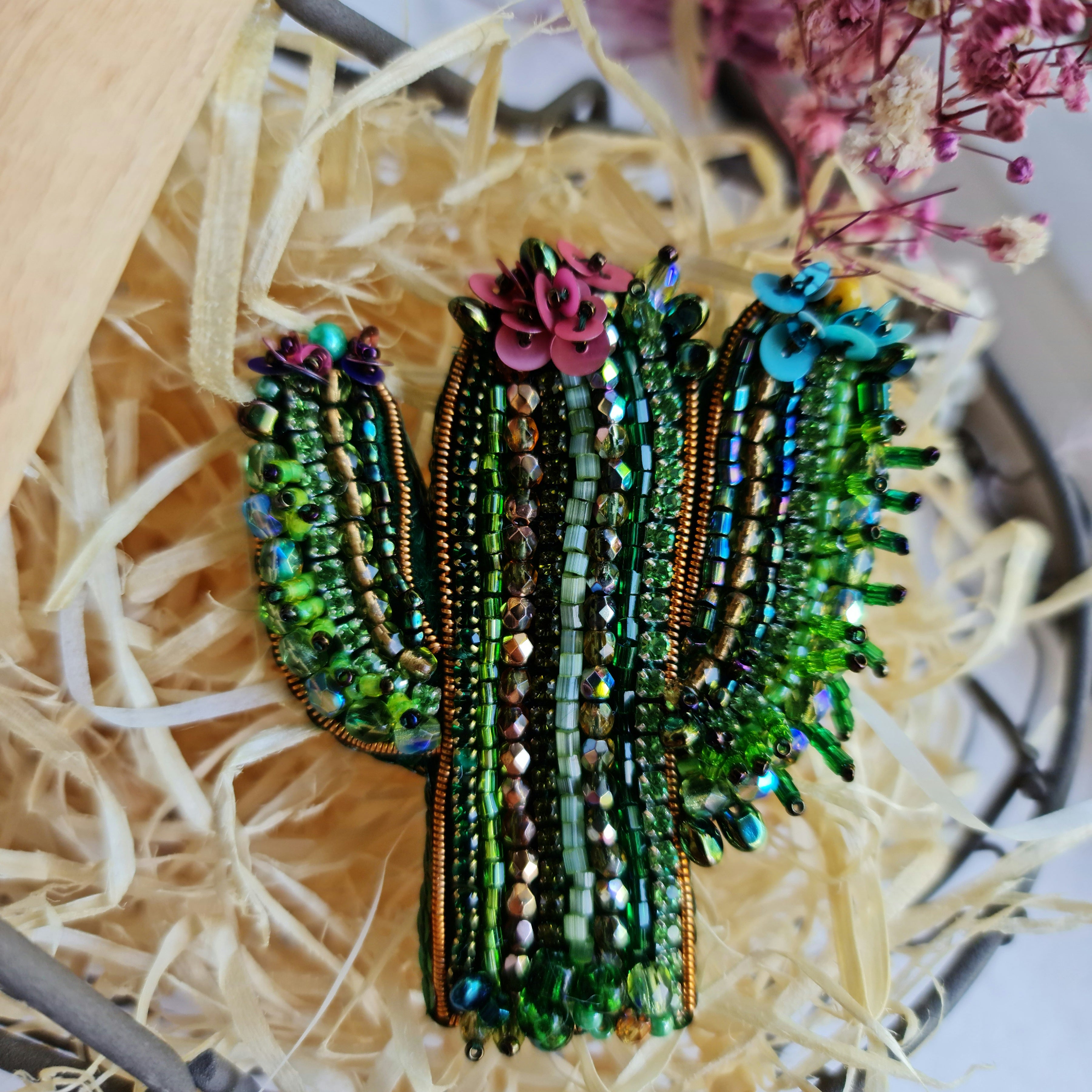 Green cactus beaded brooch hand embroidered with colorful flowers crystals and gold details