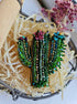 Green cactus beaded brooch hand embroidered with colorful flowers crystals and gold details