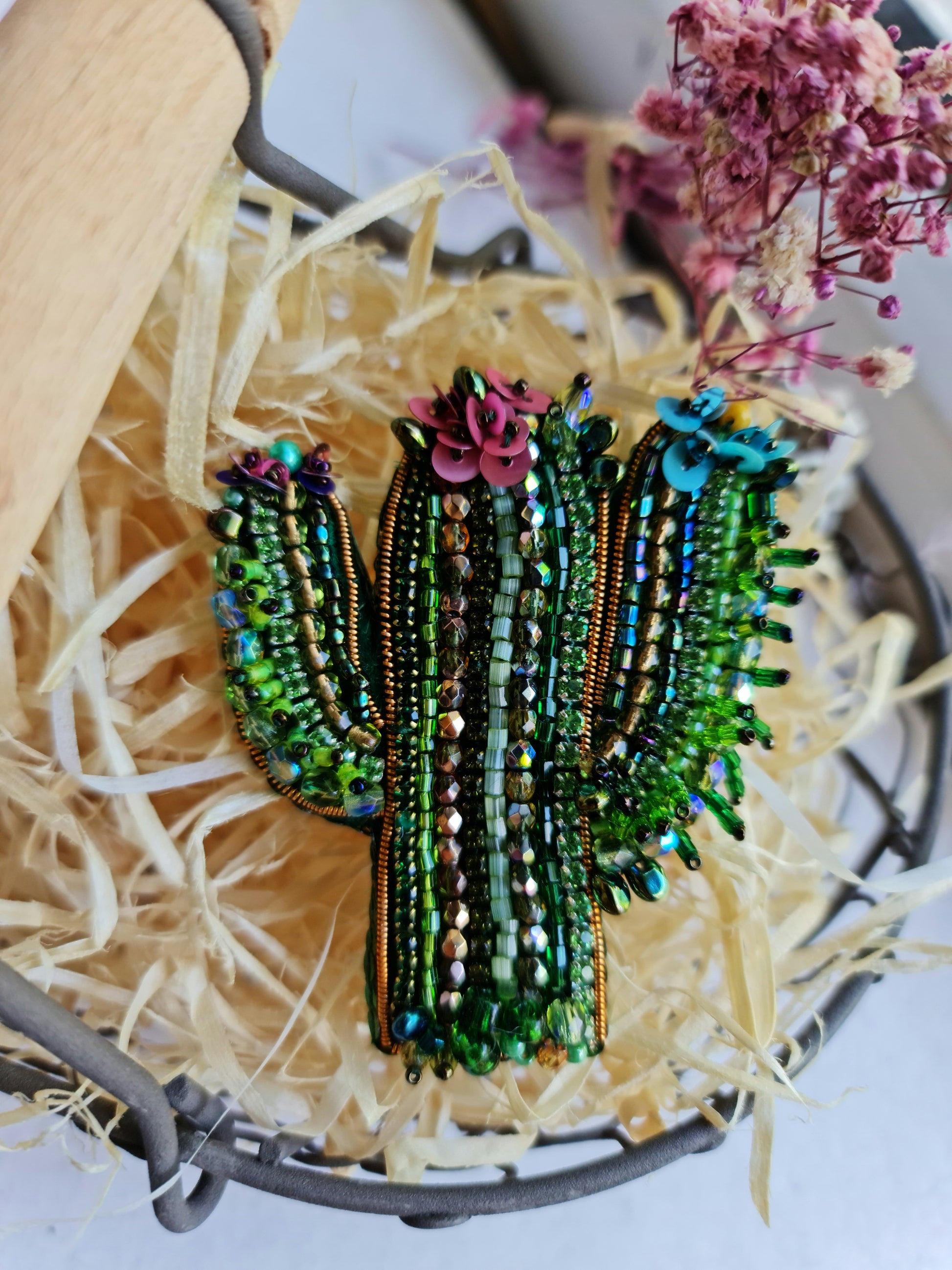 Green cactus beaded brooch hand embroidered with colorful flowers crystals and gold details