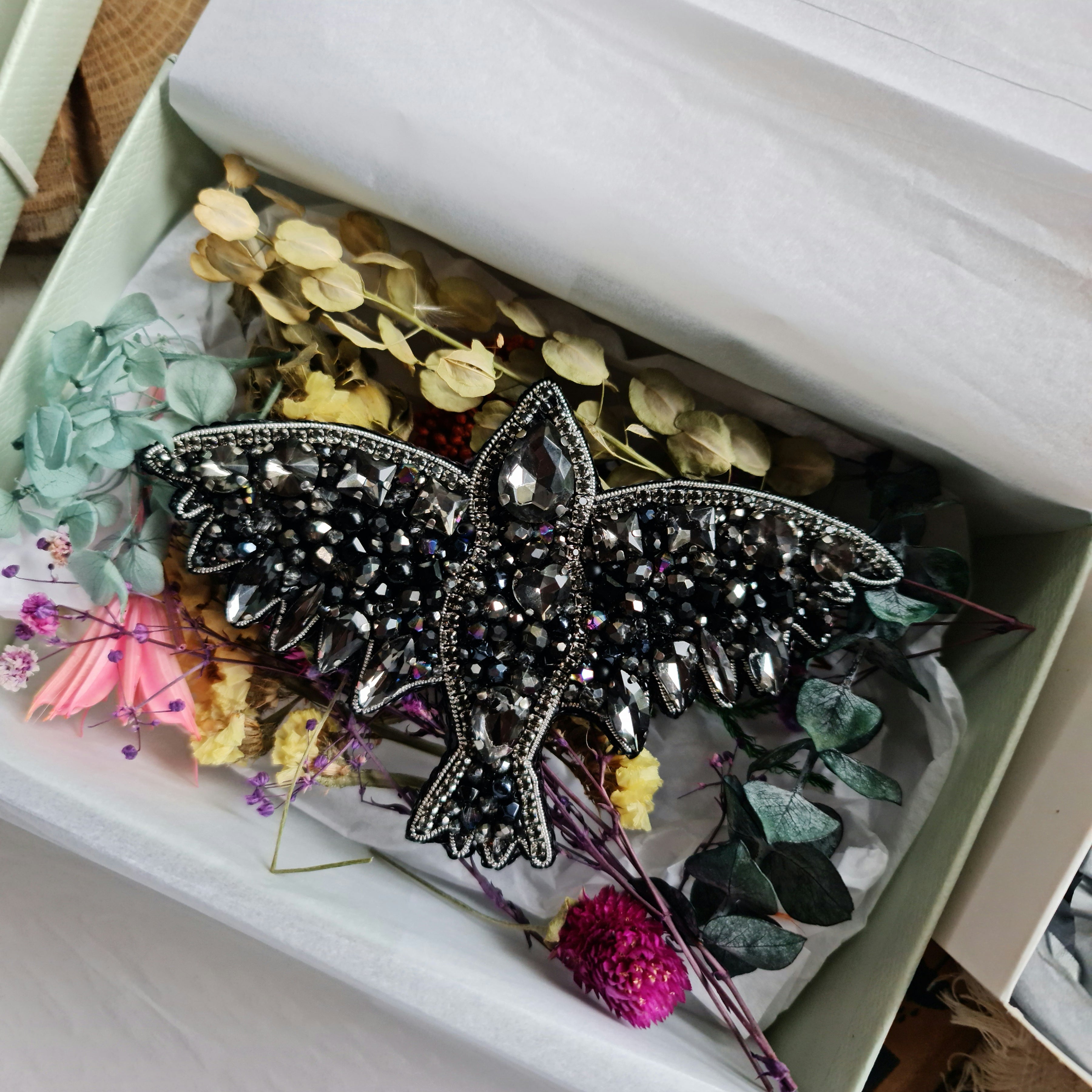 Black raven beaded brooch hand embroidered with crystals sequins and silver details