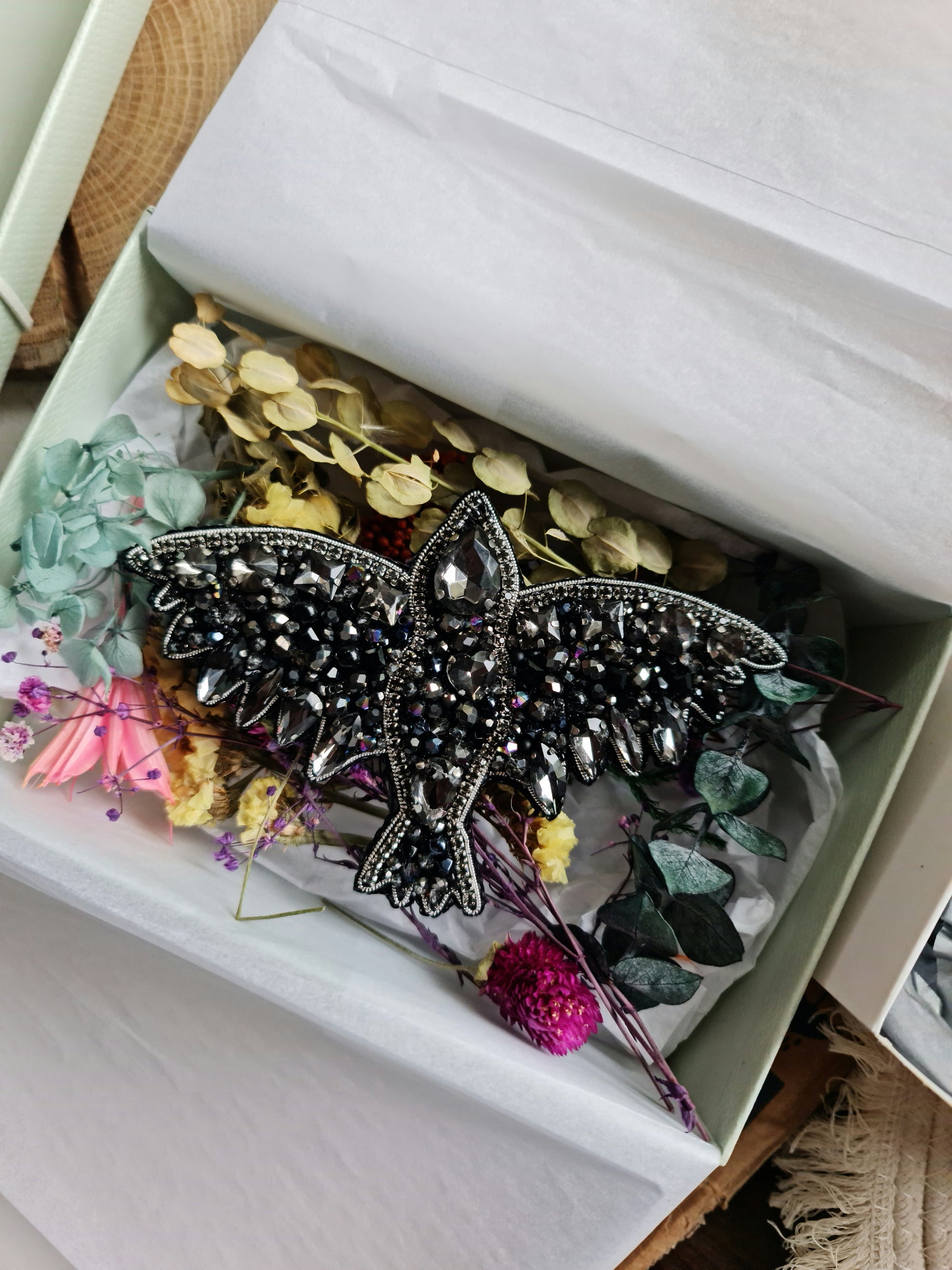 Black raven beaded brooch hand embroidered with crystals sequins and silver details