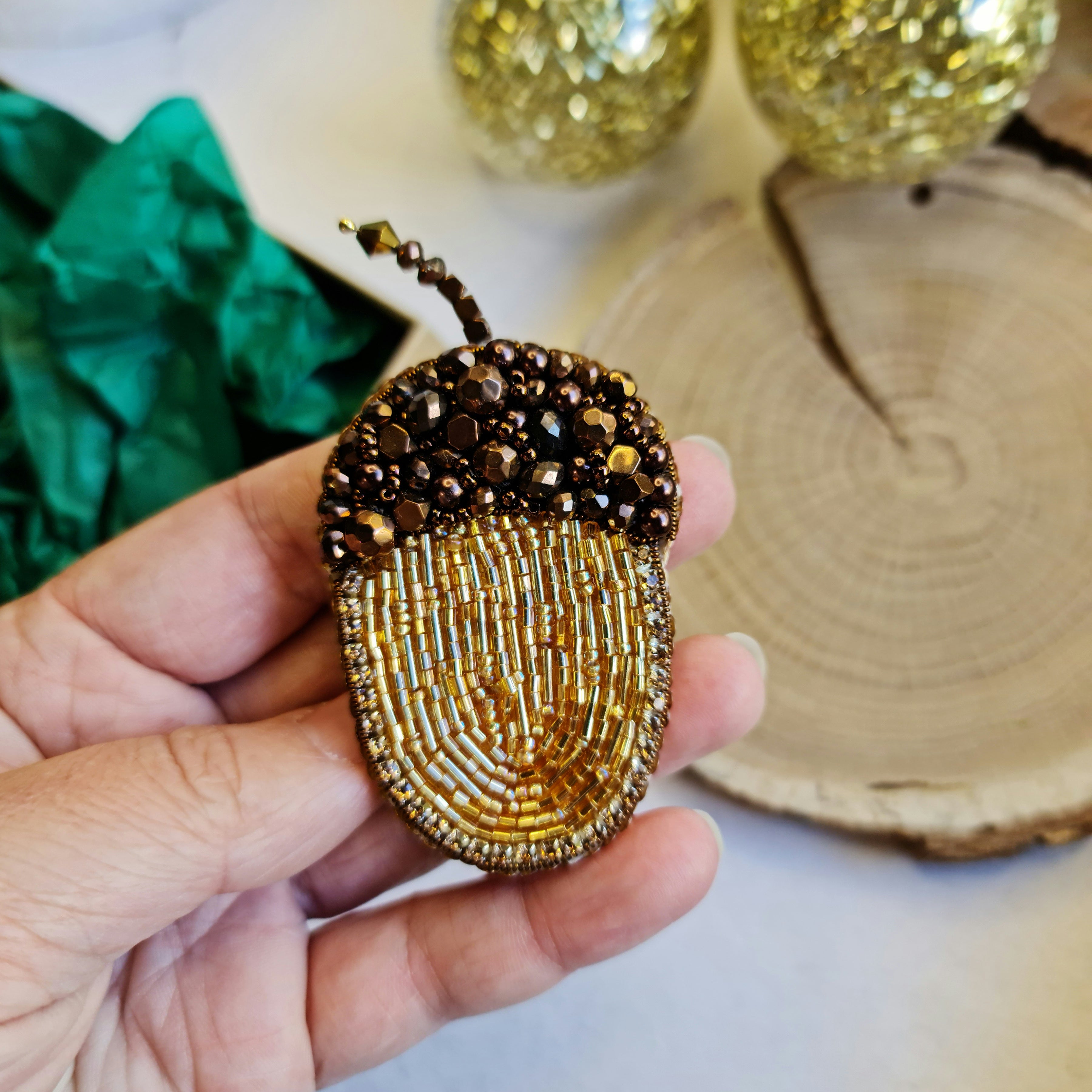 Acorn beaded brooch hand embroidered with gold and brown beads and crystal details