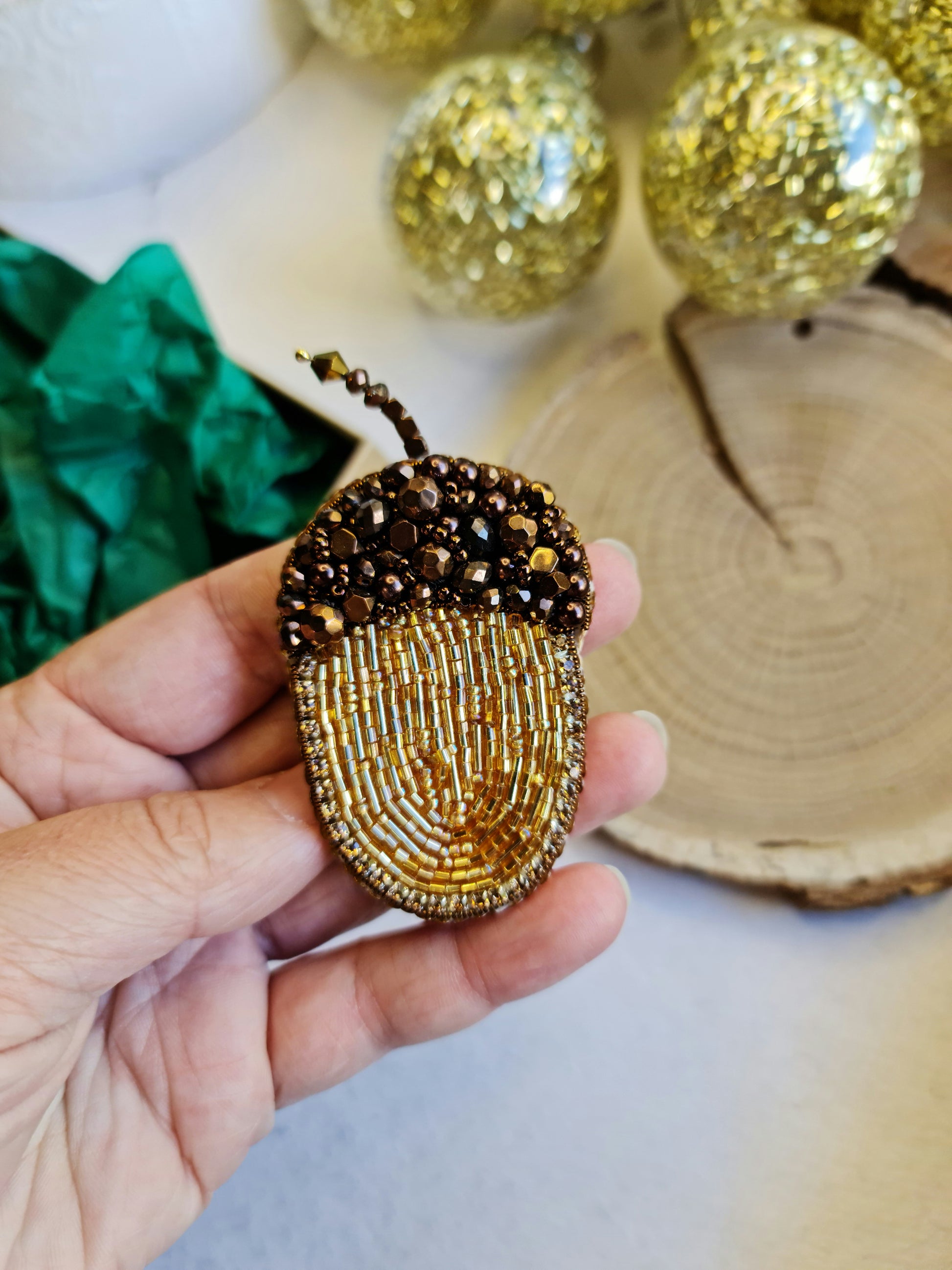 Acorn beaded brooch hand embroidered with gold and brown beads and crystal details