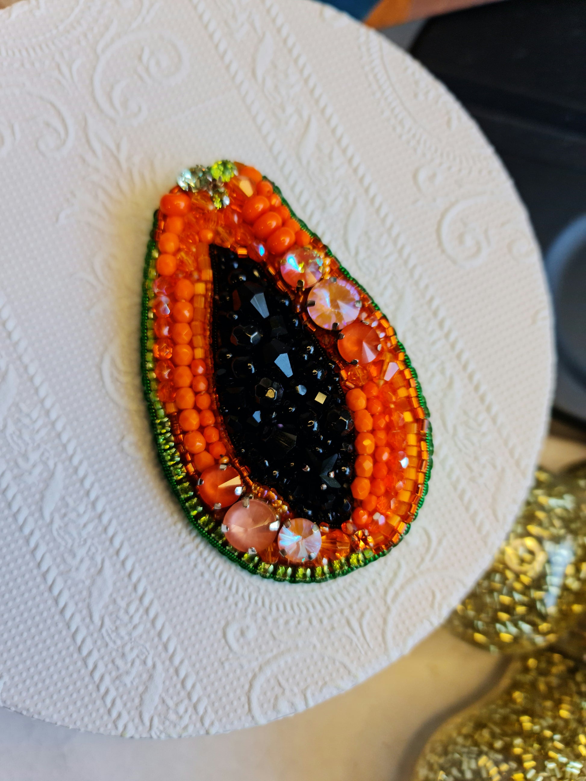 Papaya Beaded Brooch