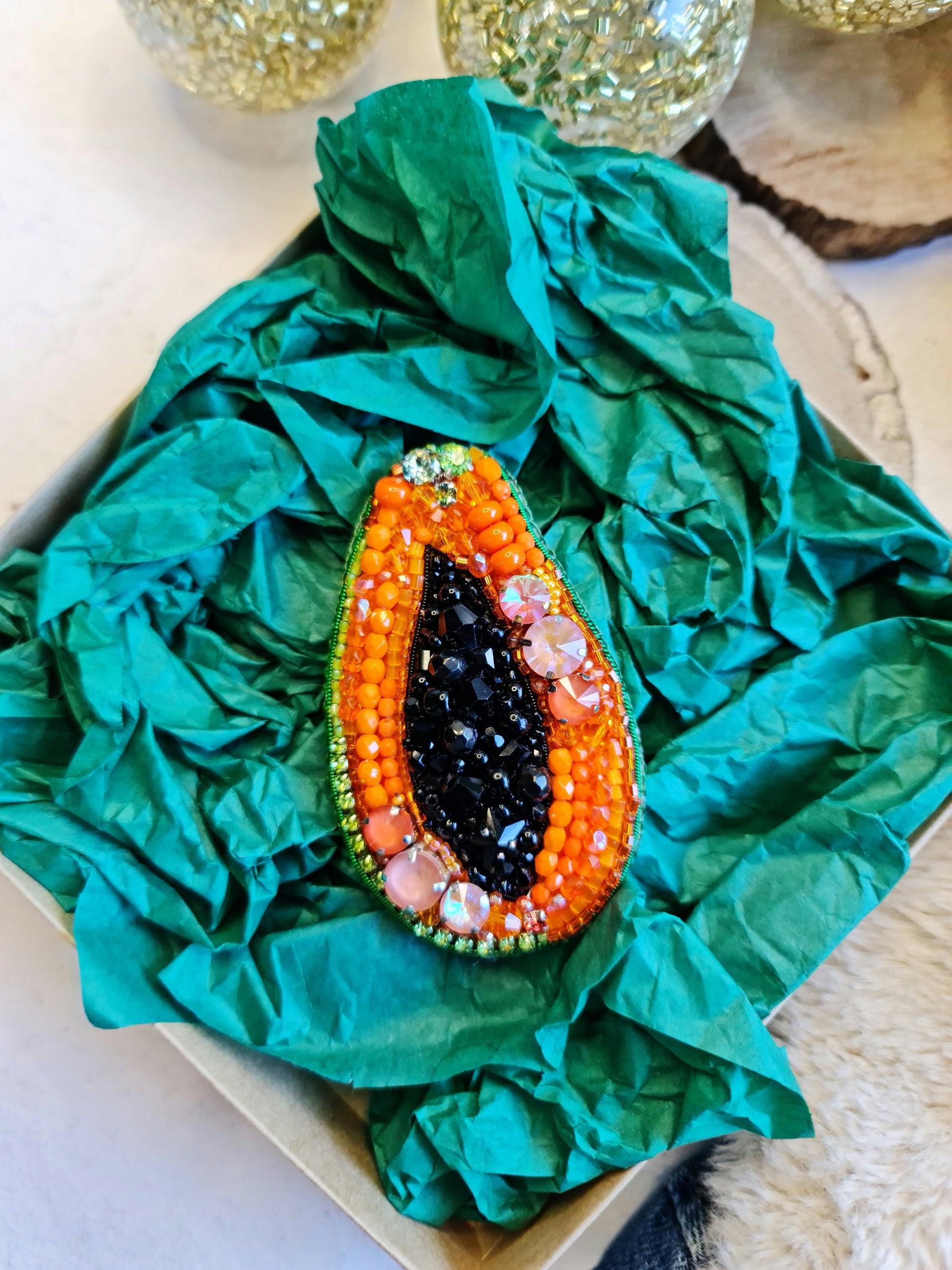 Papaya Beaded Brooch